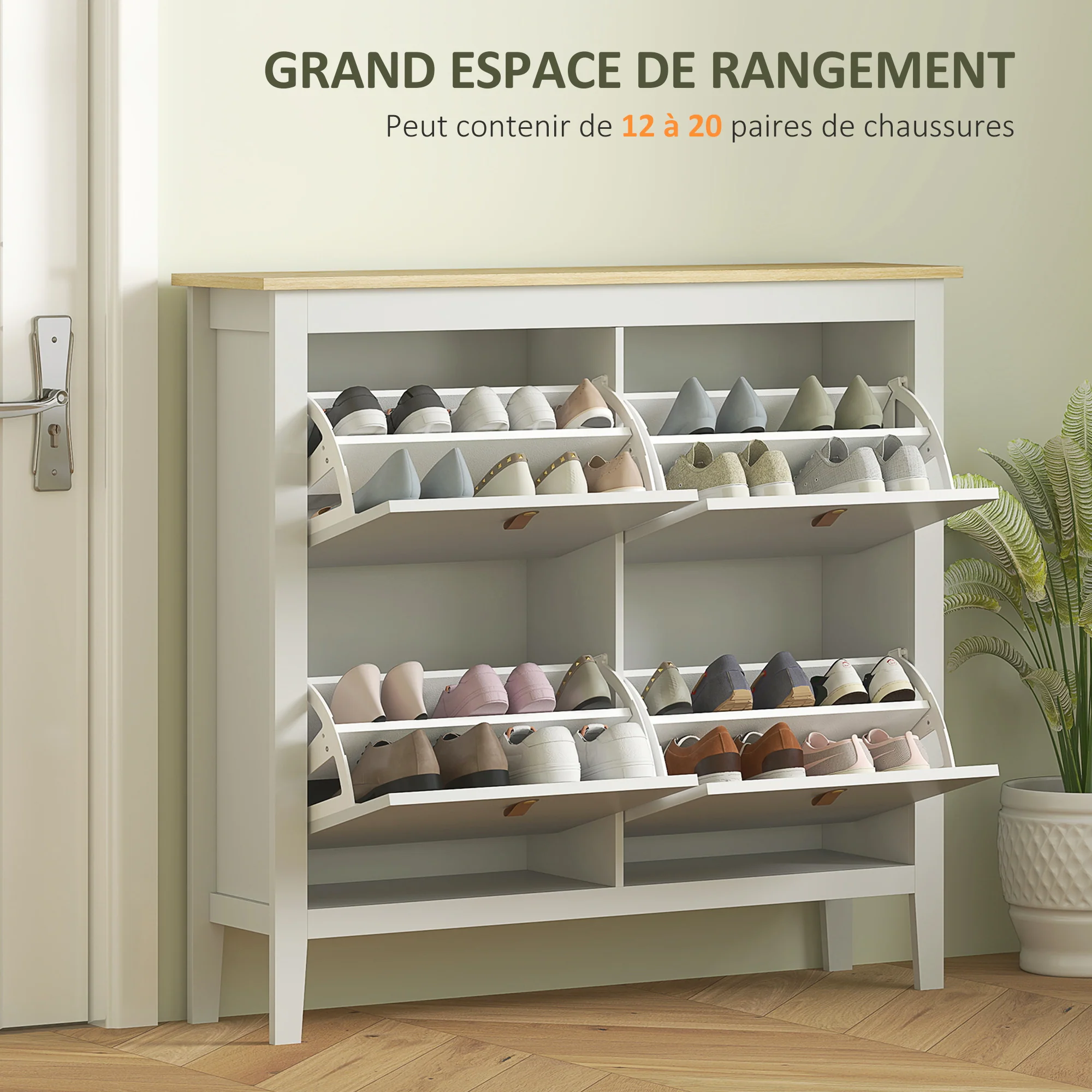 Meuble à chaussures 20 paires, armoire à chaussures, meuble d'entrée avec 4 tiroirs, portes rabattables, étagères amovibles et réglables, pour couloir et entrée, 105 x 24 x 95,5 cm, blanc - Image 5
