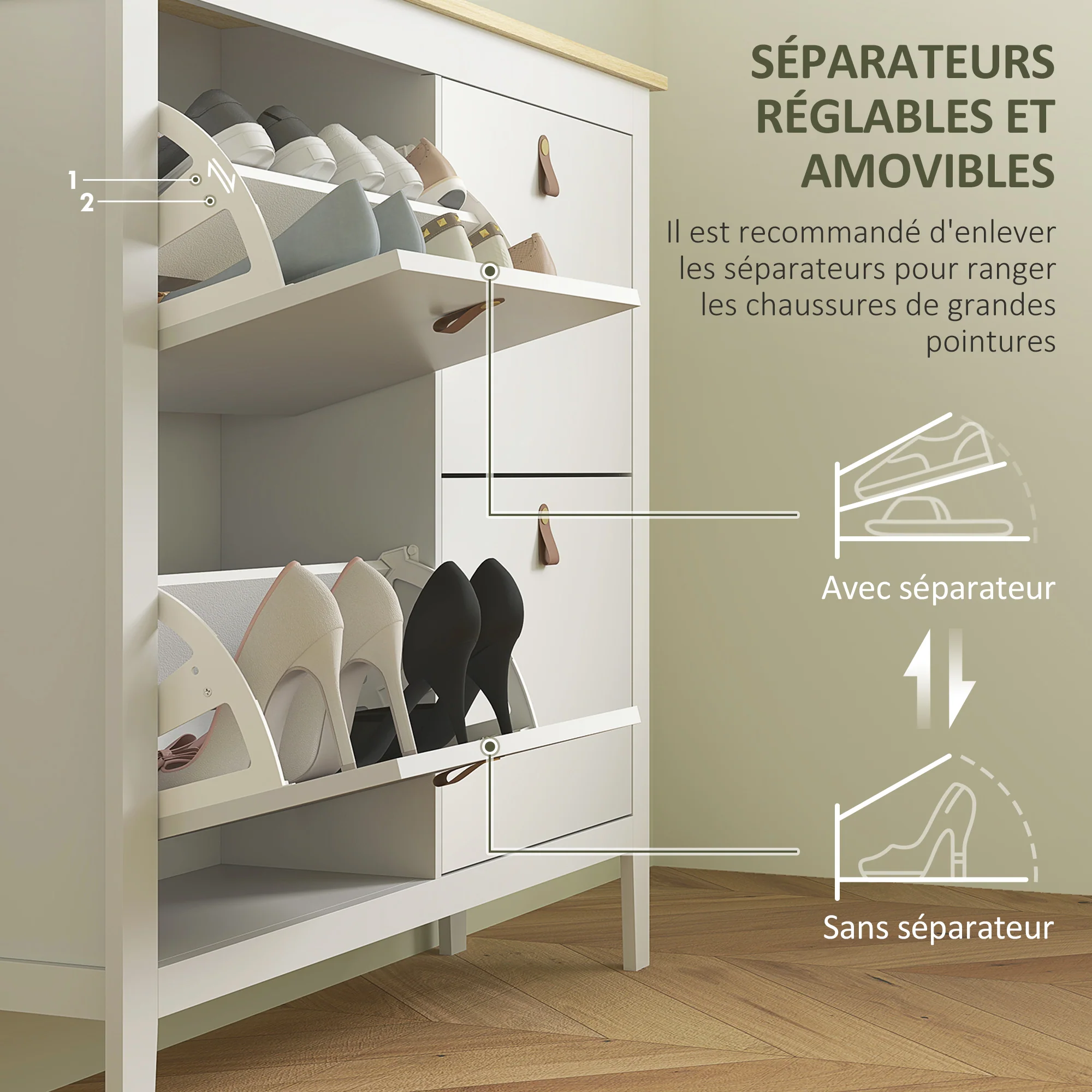 Meuble à chaussures 20 paires, armoire à chaussures, meuble d'entrée avec 4 tiroirs, portes rabattables, étagères amovibles et réglables, pour couloir et entrée, 105 x 24 x 95,5 cm, blanc - Image 6