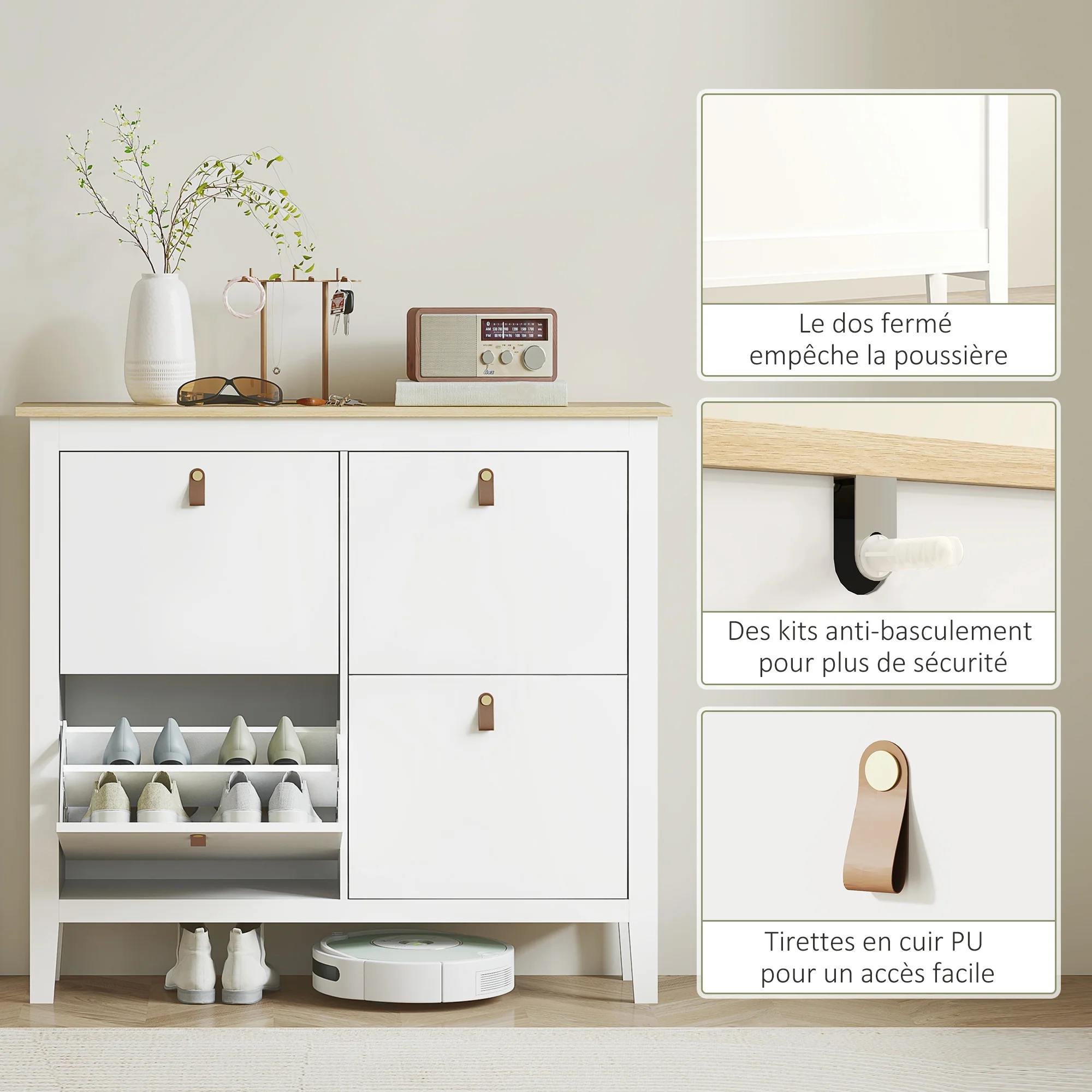 Meuble à chaussures 20 paires, armoire à chaussures, meuble d'entrée avec 4 tiroirs, portes rabattables, étagères amovibles et réglables, pour couloir et entrée, 105 x 24 x 95,5 cm, blanc - Image 8