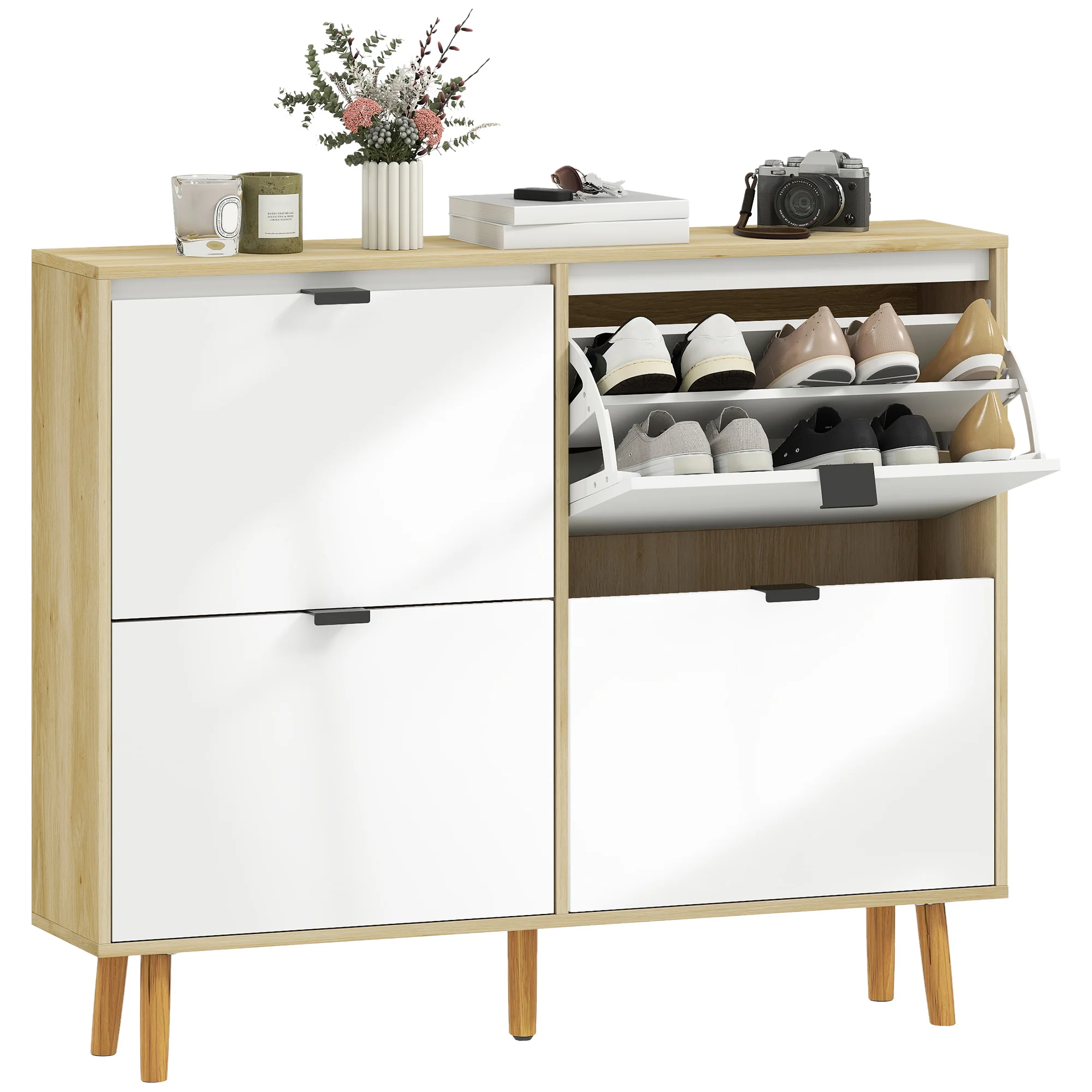 Meuble à chaussures 20 paires, porte haute brillante, armoire à chaussures étroite avec 4 tiroirs rabattables et étagères réglables, style moderne, pour couloir, entrée, 105x24x92,5cm, blanc - Image 11