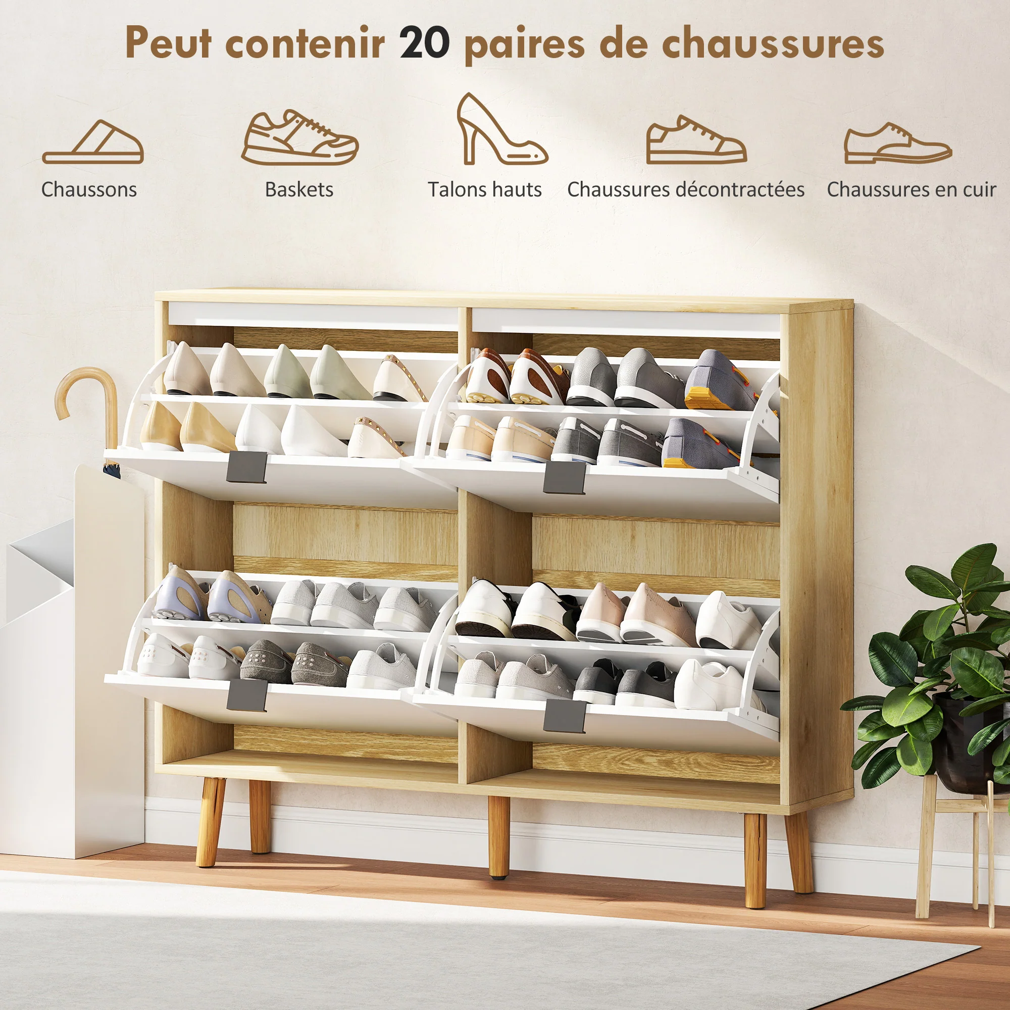 Meuble à chaussures 20 paires, porte haute brillante, armoire à chaussures étroite avec 4 tiroirs rabattables et étagères réglables, style moderne, pour couloir, entrée, 105x24x92,5cm, blanc - Image 6