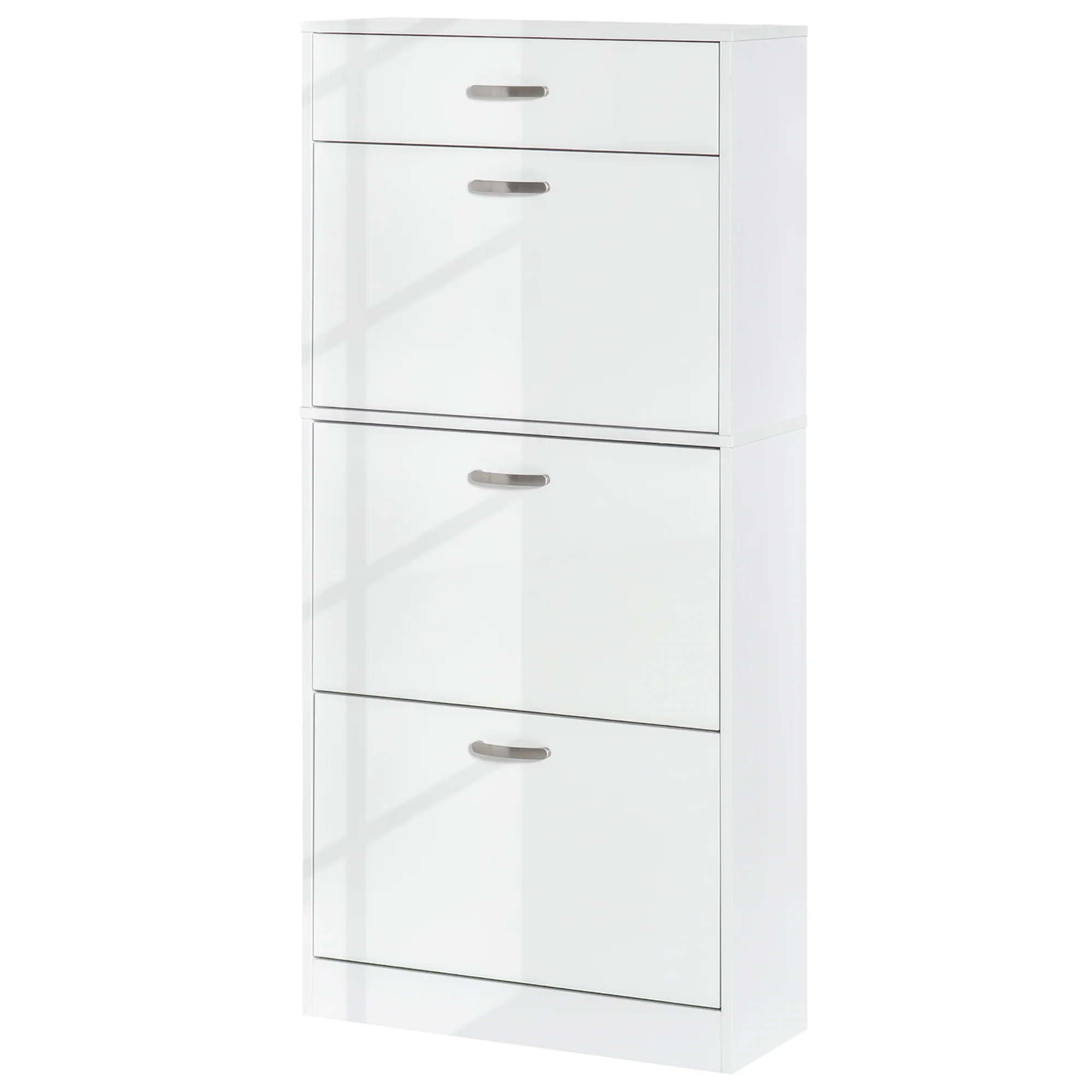 Meuble à Chaussures - 3 Portes abattantes et tiroir Coulissant - dim. 62L x 24l x 135H cm - poignées alu. Panneaux Particules Blanc