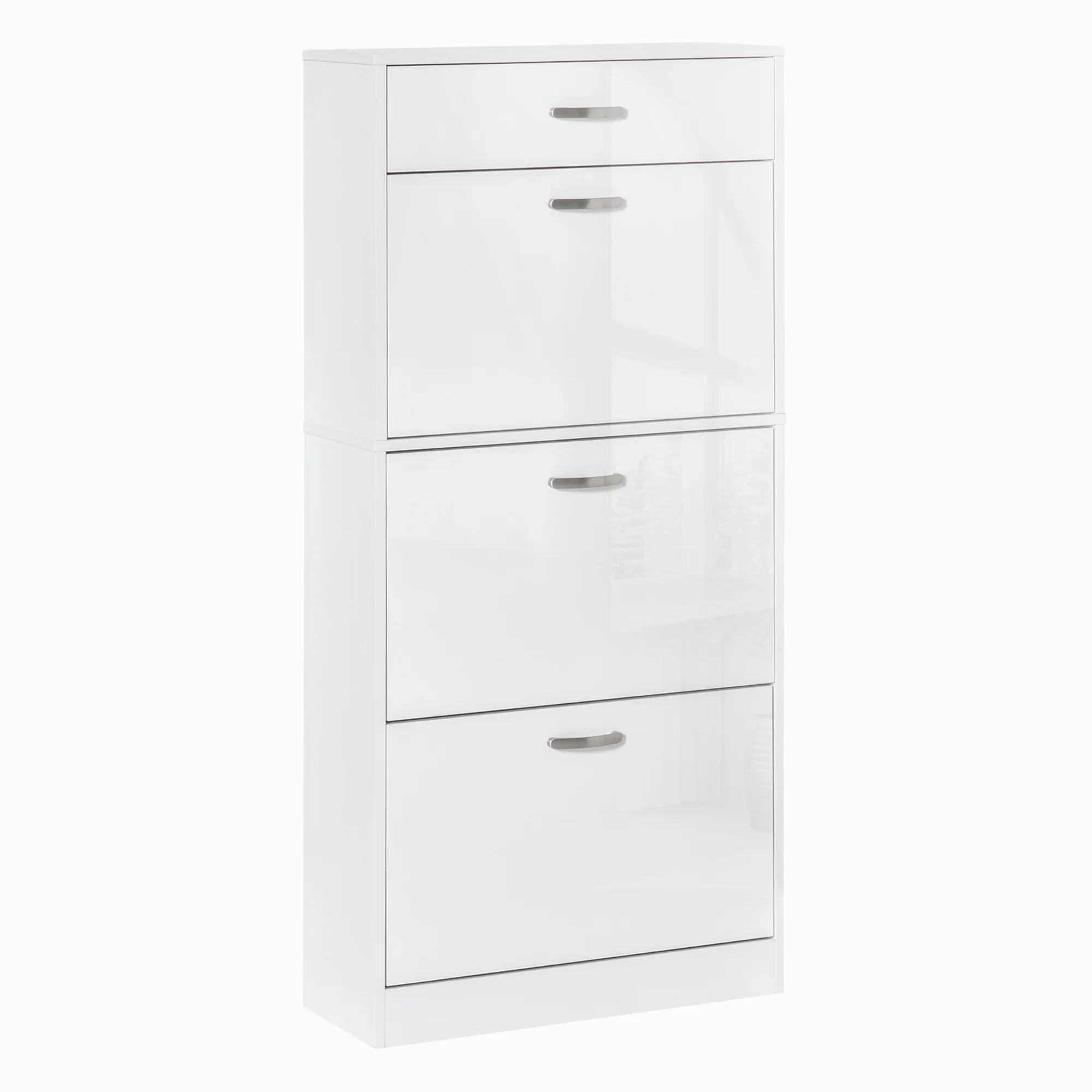 Meuble à Chaussures - 3 Portes abattantes et tiroir Coulissant - dim. 62L x 24l x 135H cm - poignées alu. Panneaux Particules Blanc - Image 2
