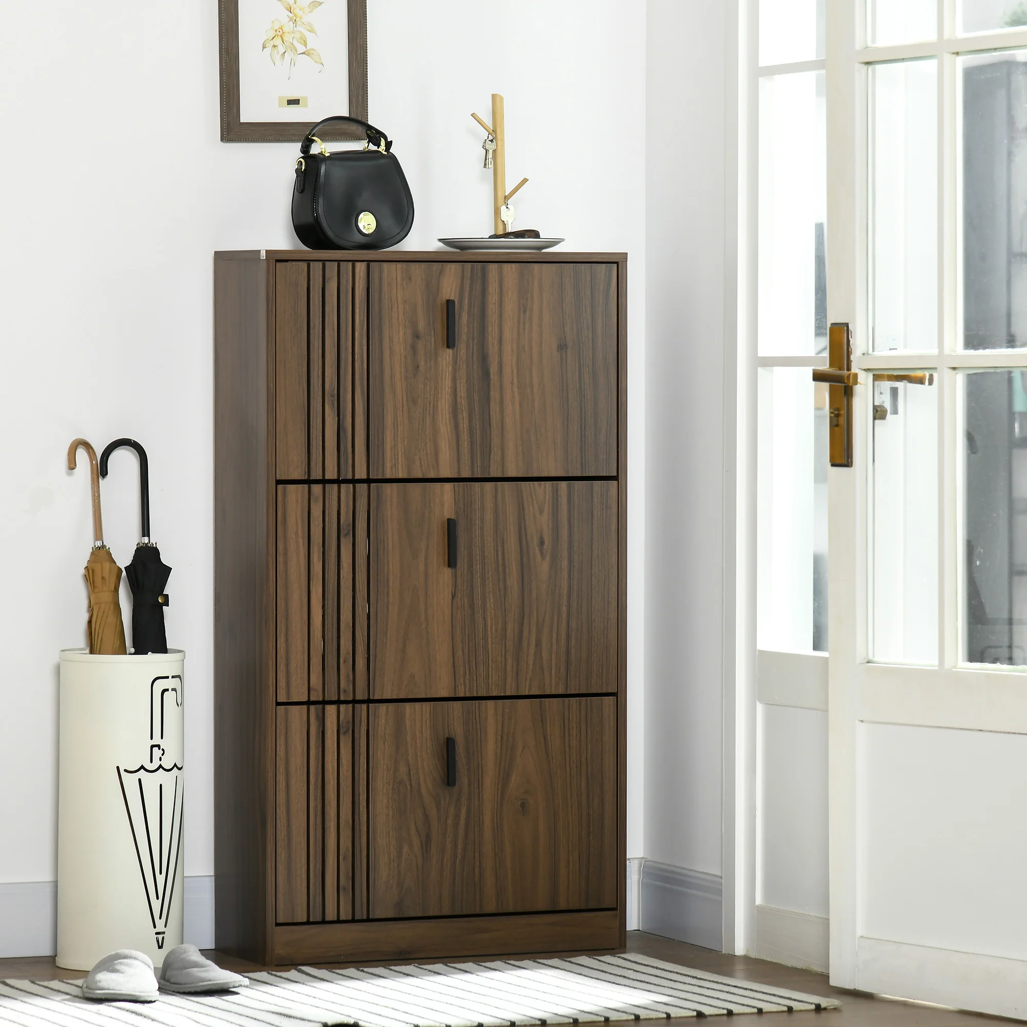 Meuble à chaussures à 3 abattants, 18 paires, armoire à chaussures 3 compartiments, grande capacité pour entrée, couloir, salon, 63 x 24 x 117 cm, noyer foncé - Image 3