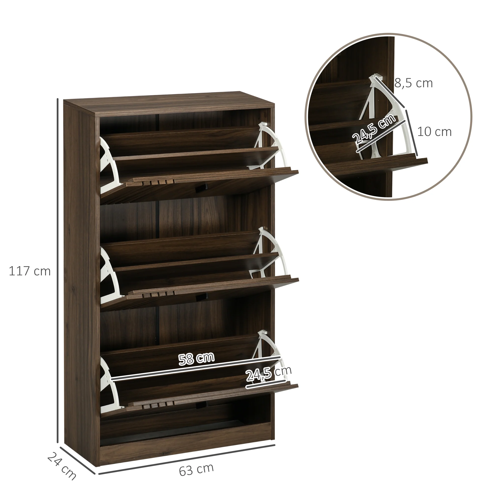 Meuble à chaussures à 3 abattants, 18 paires, armoire à chaussures 3 compartiments, grande capacité pour entrée, couloir, salon, 63 x 24 x 117 cm, noyer foncé - Image 4
