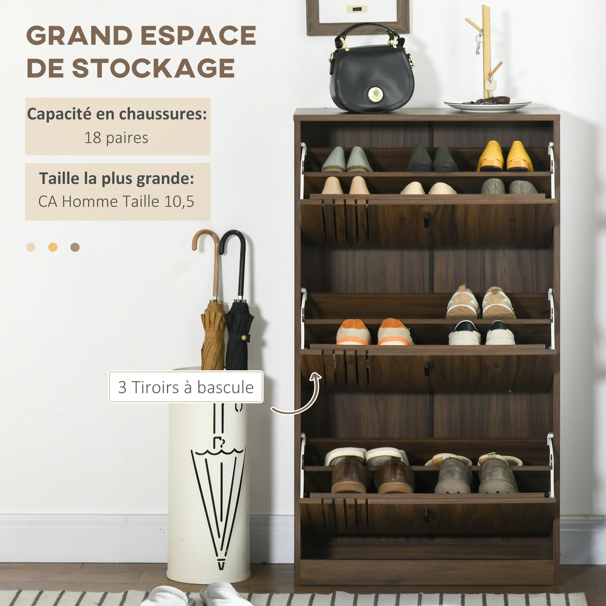 Meuble à chaussures à 3 abattants, 18 paires, armoire à chaussures 3 compartiments, grande capacité pour entrée, couloir, salon, 63 x 24 x 117 cm, noyer foncé - Image 5