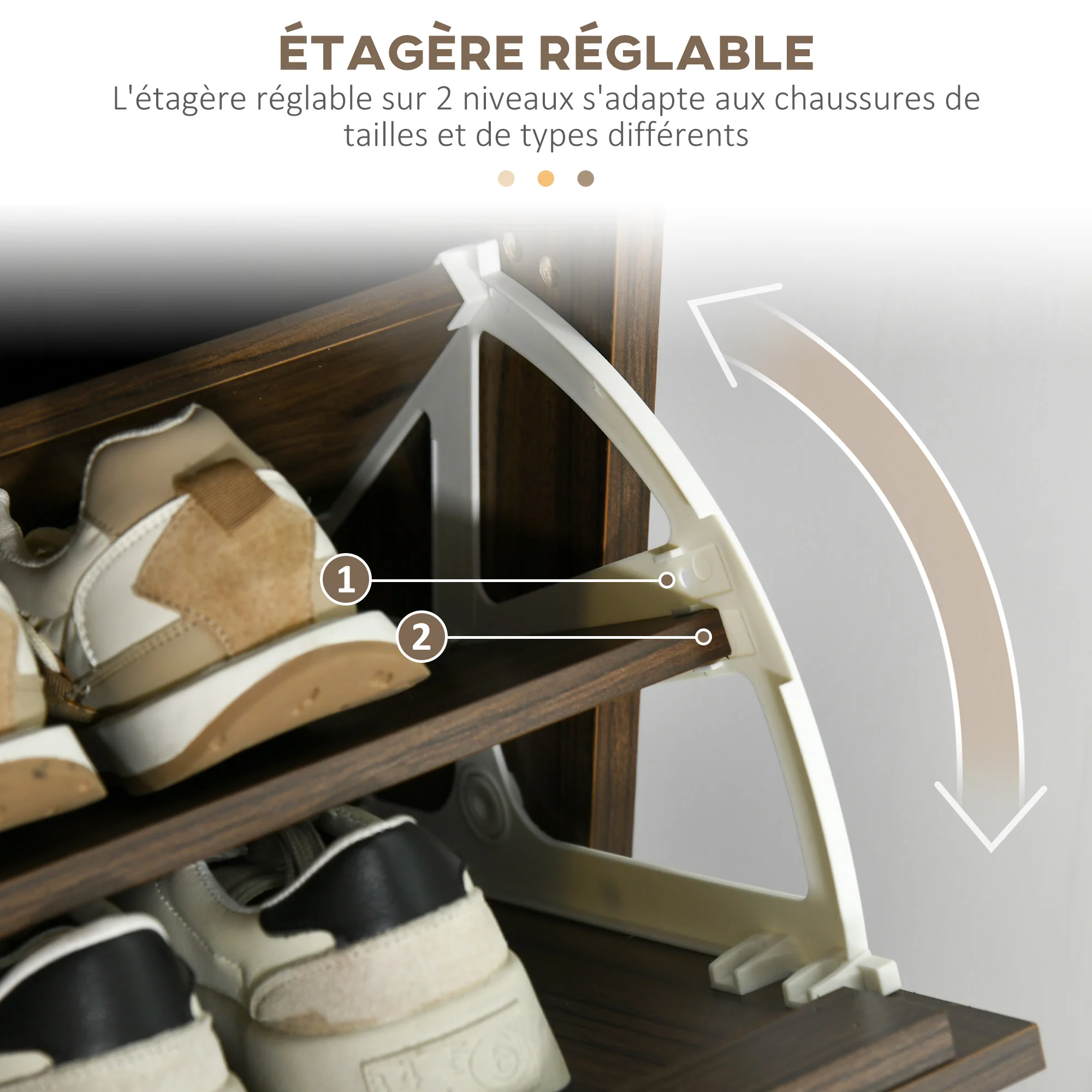 Meuble à chaussures à 3 abattants, 18 paires, armoire à chaussures 3 compartiments, grande capacité pour entrée, couloir, salon, 63 x 24 x 117 cm, noyer foncé - Image 6