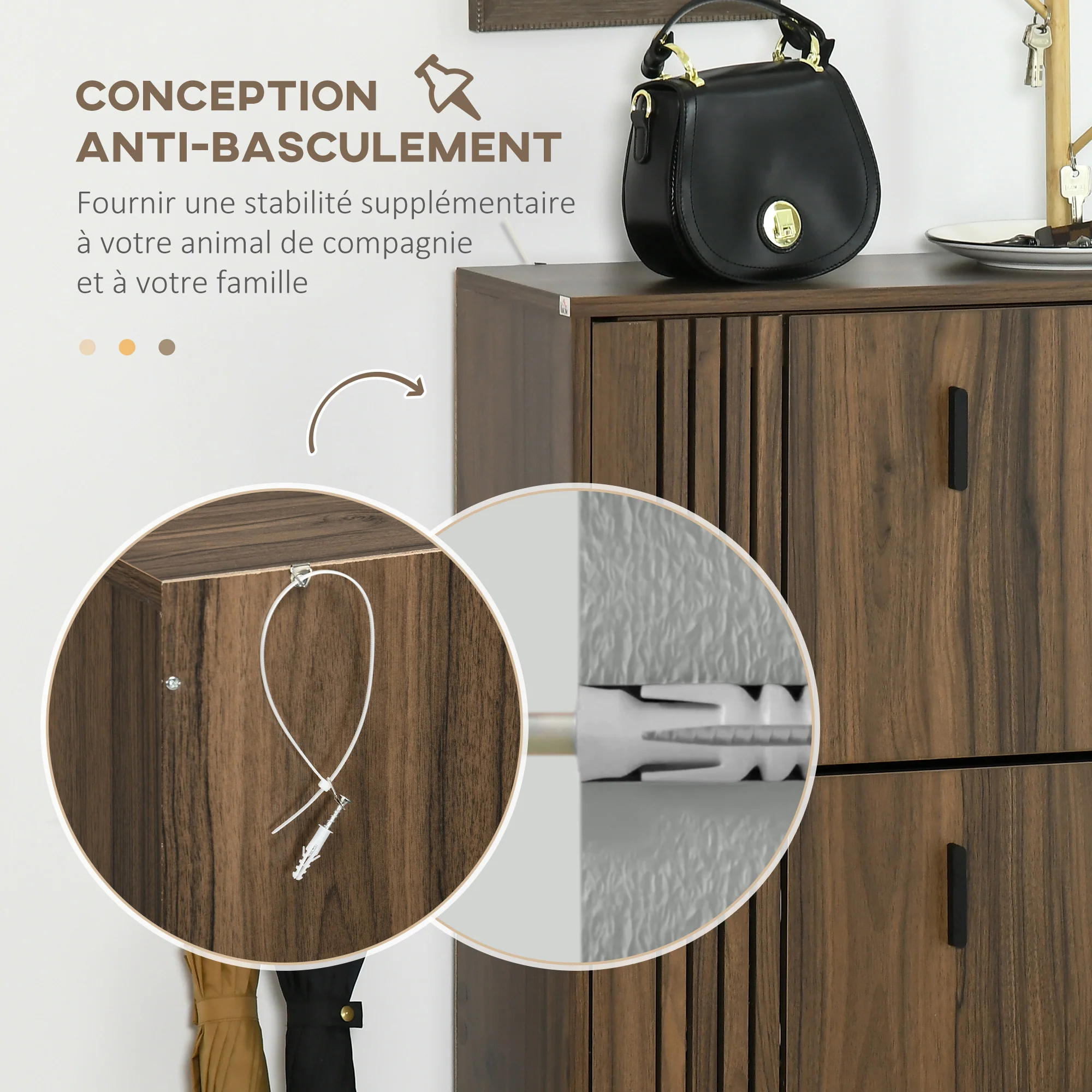 Meuble à chaussures à 3 abattants, 18 paires, armoire à chaussures 3 compartiments, grande capacité pour entrée, couloir, salon, 63 x 24 x 117 cm, noyer foncé - Image 7