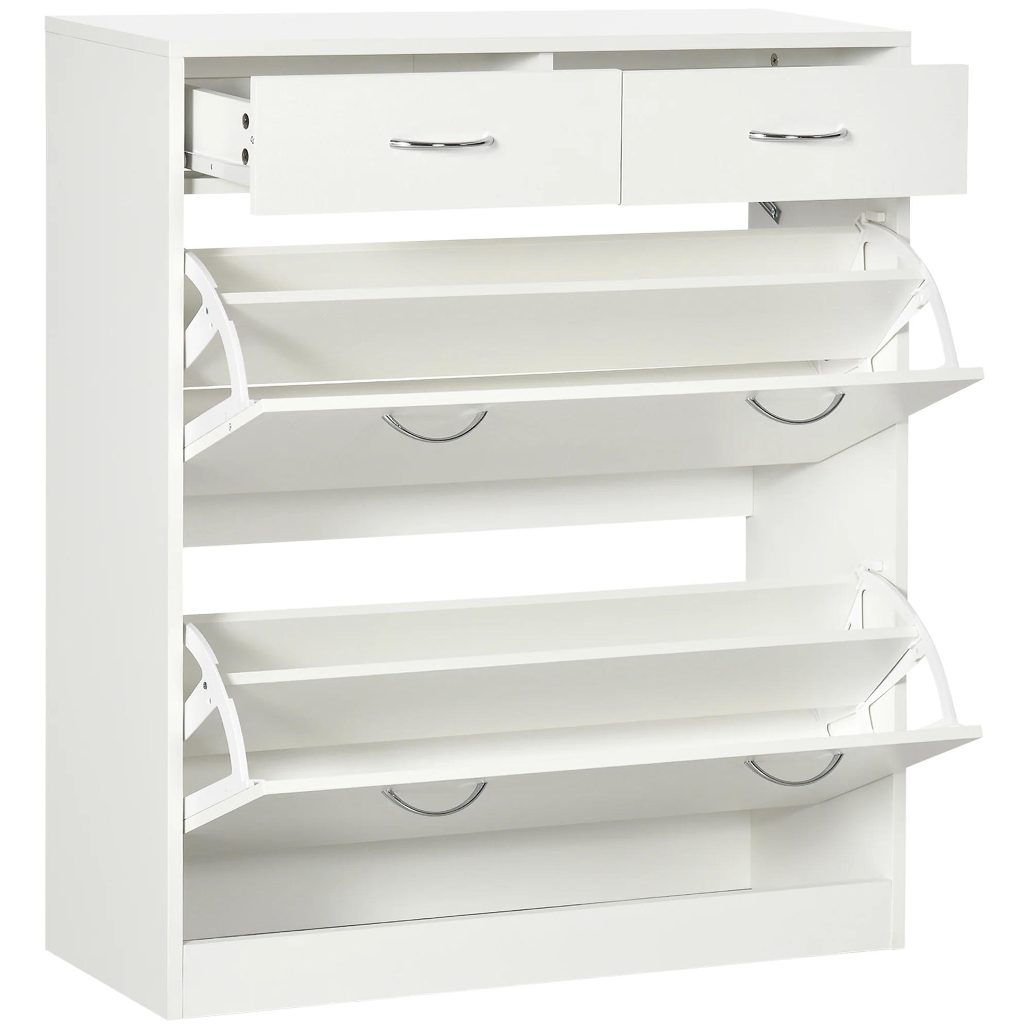 Meuble à chaussures armoire à chaussures - 2 tiroirs et 2 portes abattantes avec étagère réglable - 80 x 30 x 91,5 cm - poignées en aluminium, blanc