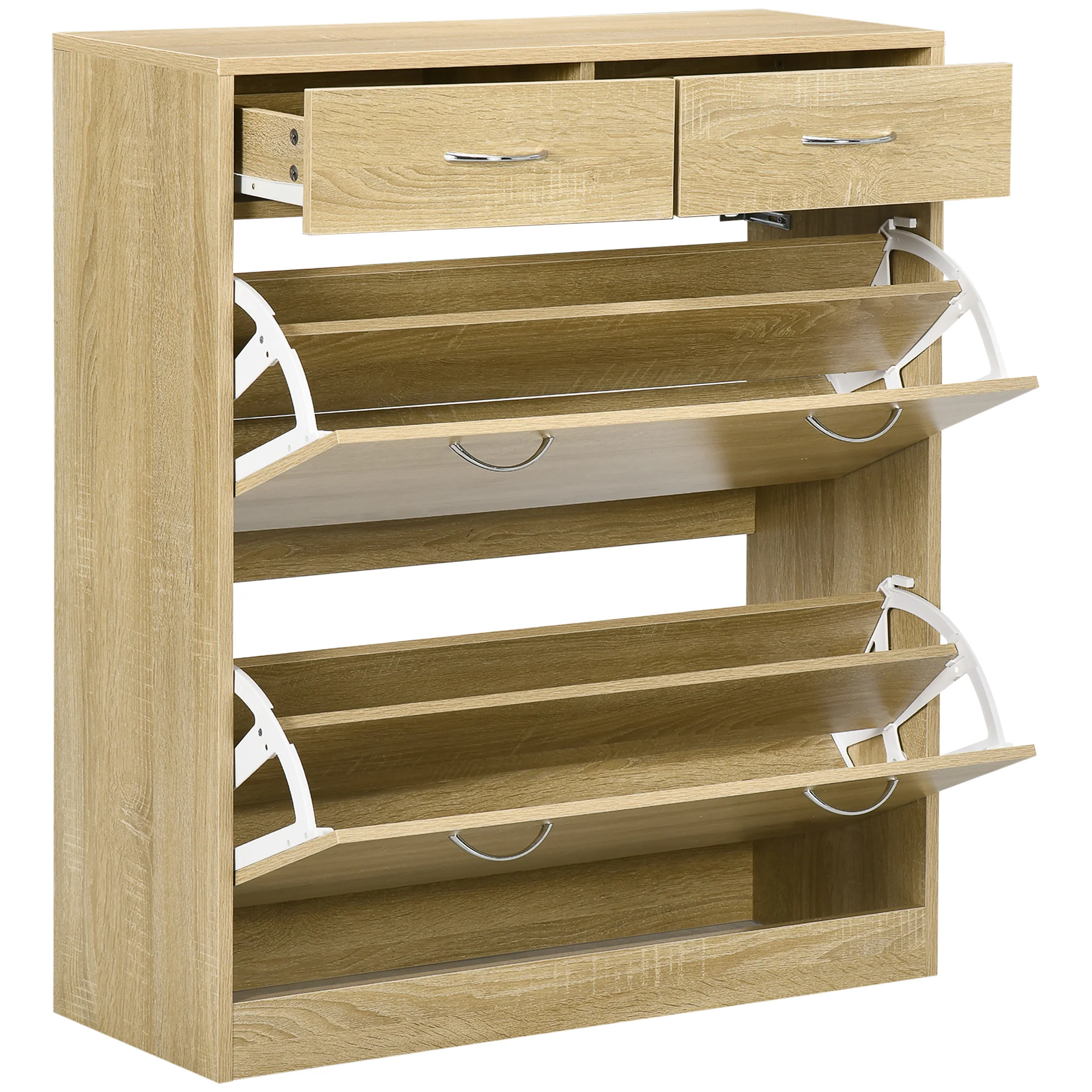 Meuble à chaussures armoire à chaussures - 2 tiroirs et 2 portes abattantes avec étagère réglable - 80 x 30 x 91,5 cm - poignées alu. naturel