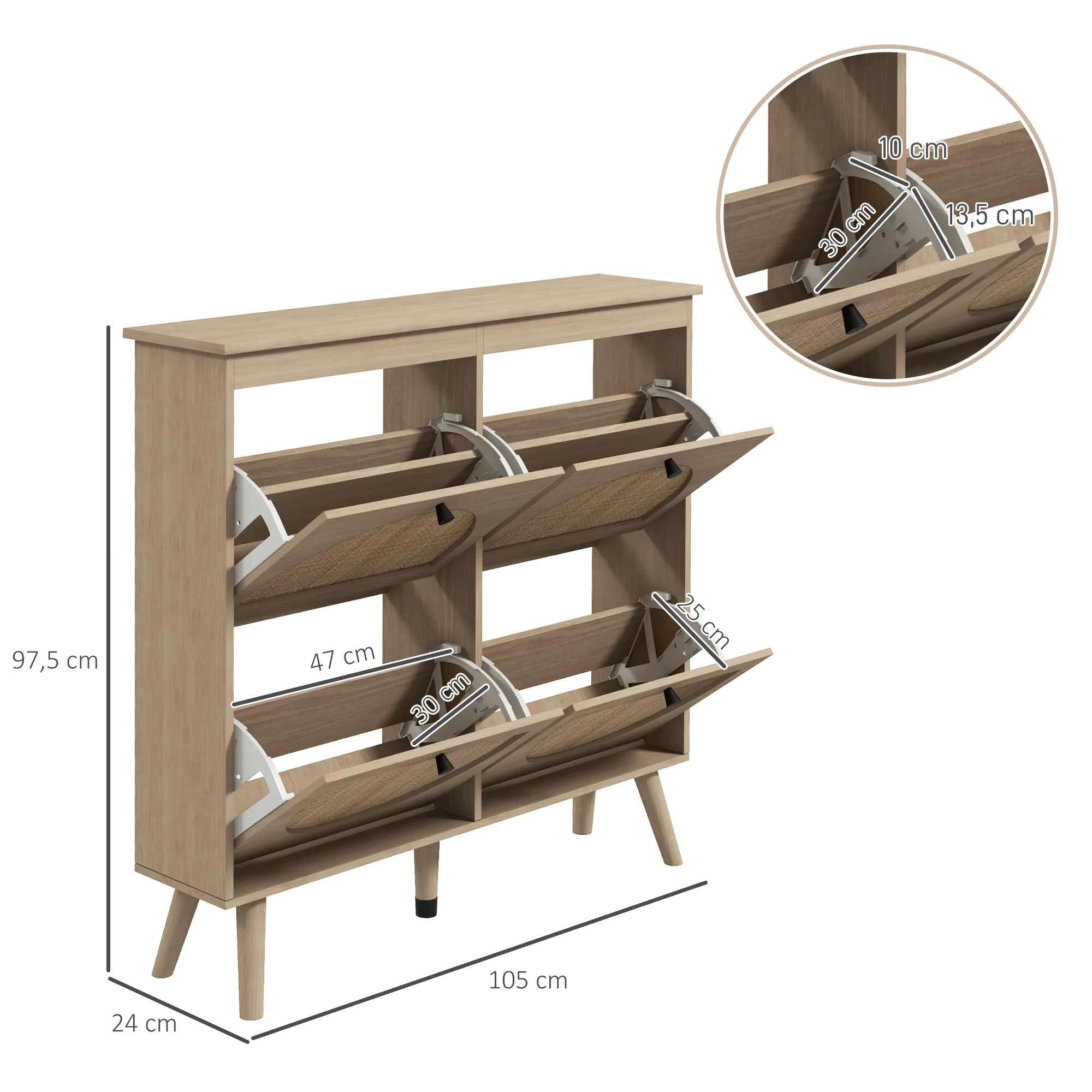 Meuble à chaussures armoire à chaussures 4 abattants 20 paires avec étagère réglable style bohème pieds en bois massif 105 x 24 x 97,5 cm naturel - Image 4