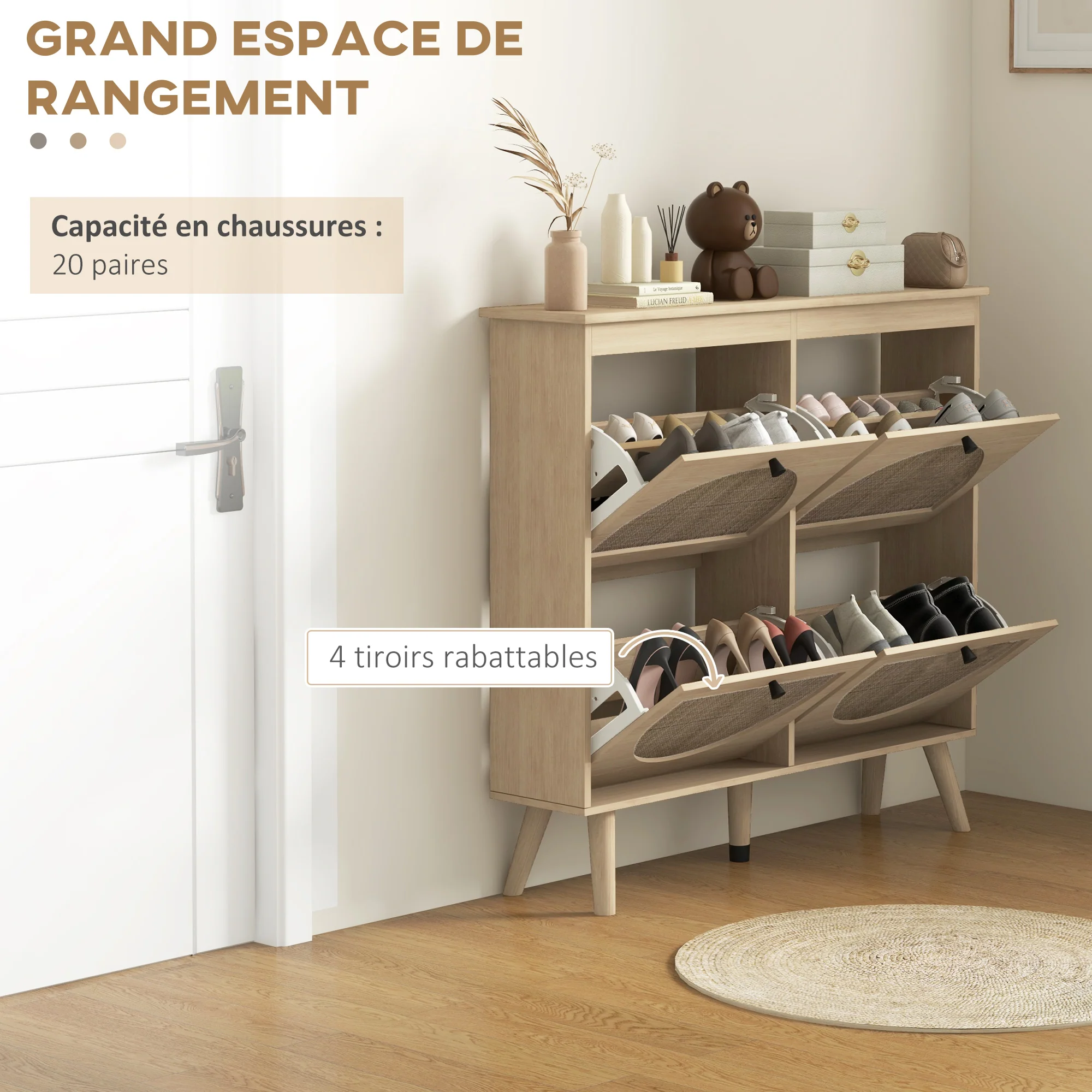 Meuble à chaussures armoire à chaussures 4 abattants 20 paires avec étagère réglable style bohème pieds en bois massif 105 x 24 x 97,5 cm naturel - Image 5
