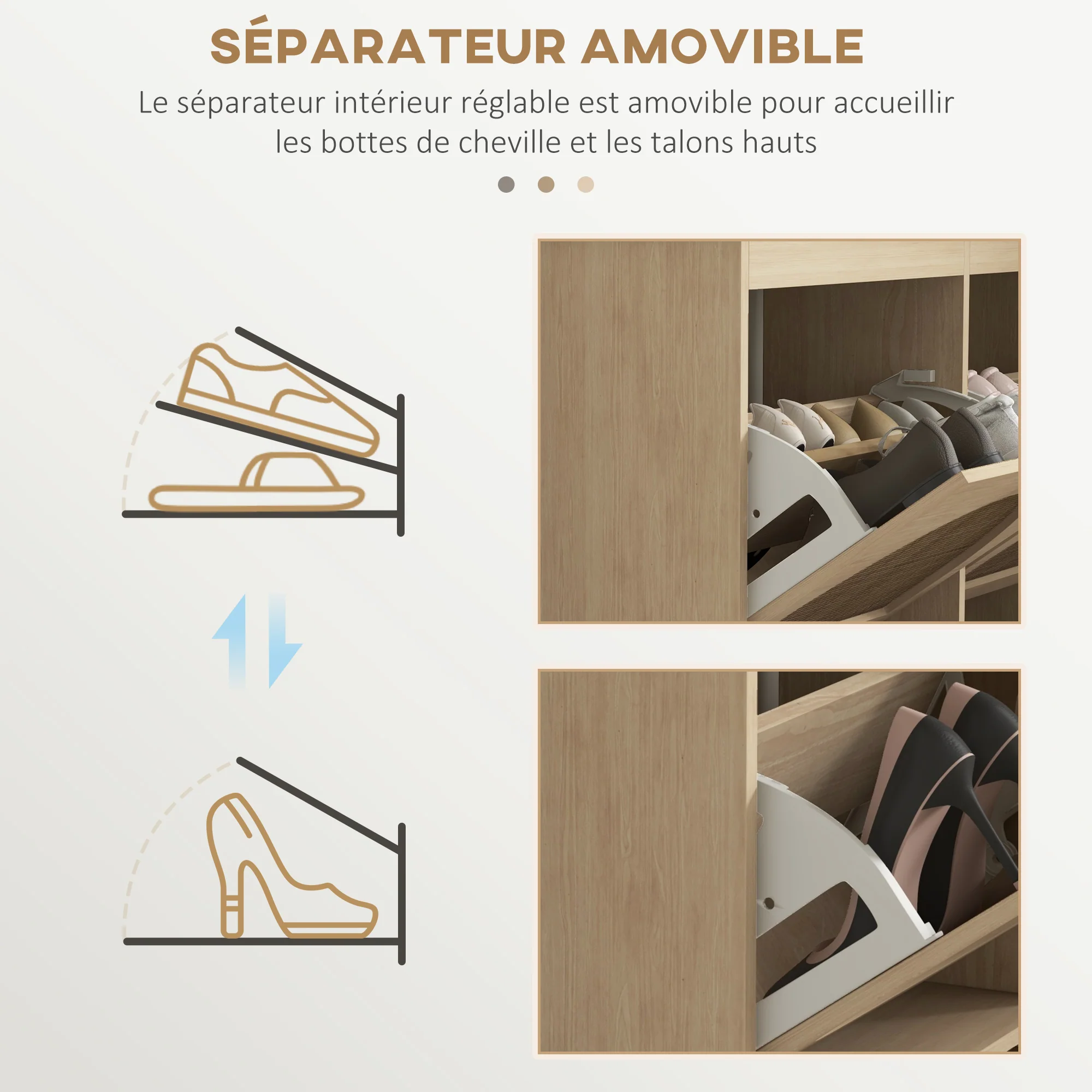 Meuble à chaussures armoire à chaussures 4 abattants 20 paires avec étagère réglable style bohème pieds en bois massif 105 x 24 x 97,5 cm naturel - Image 7