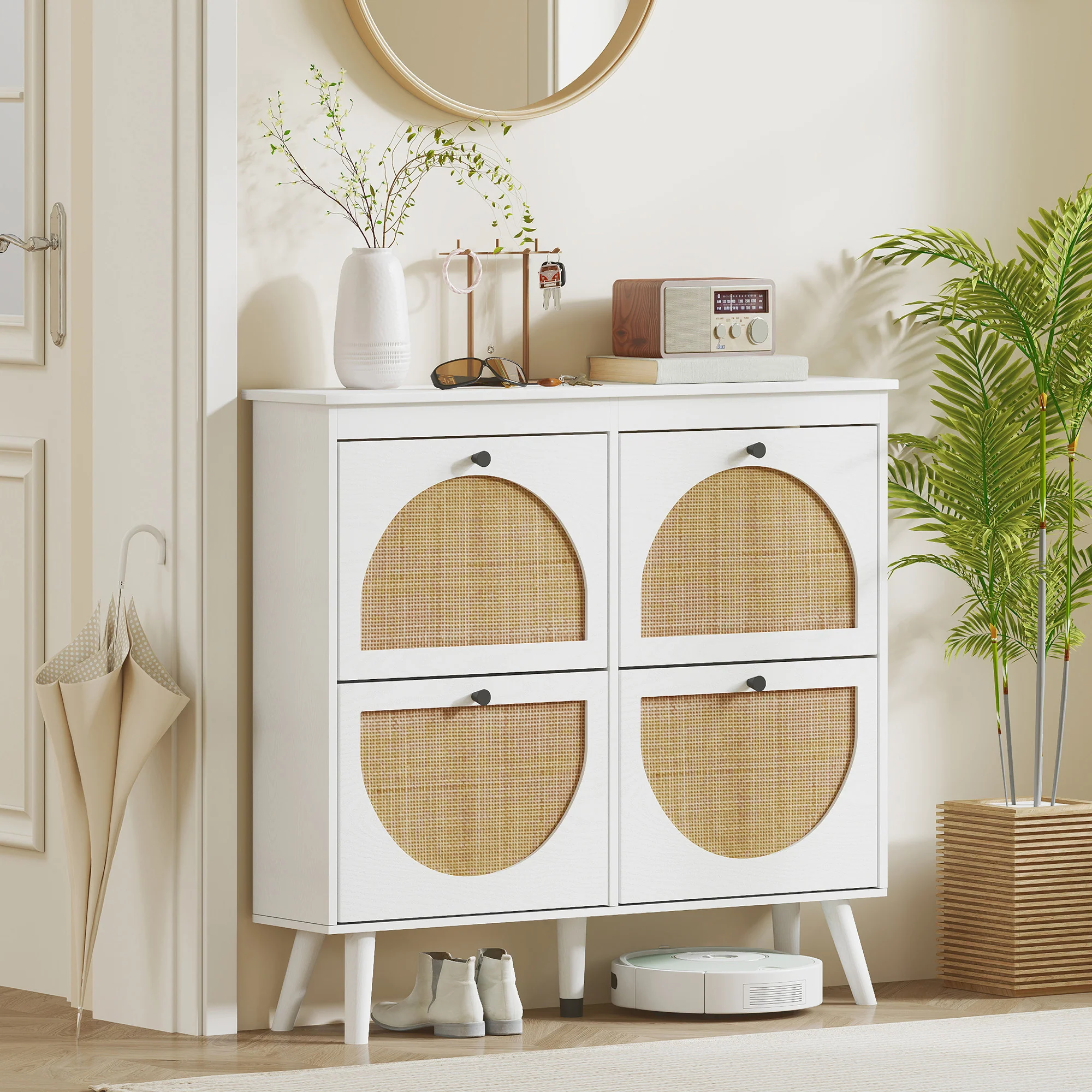 Meuble à chaussures armoire à chaussures 4 abattants 20 paires avec étagère réglable style bohème pieds en bois massif 105 x 24 x 97,5 cm blanc - Image 10