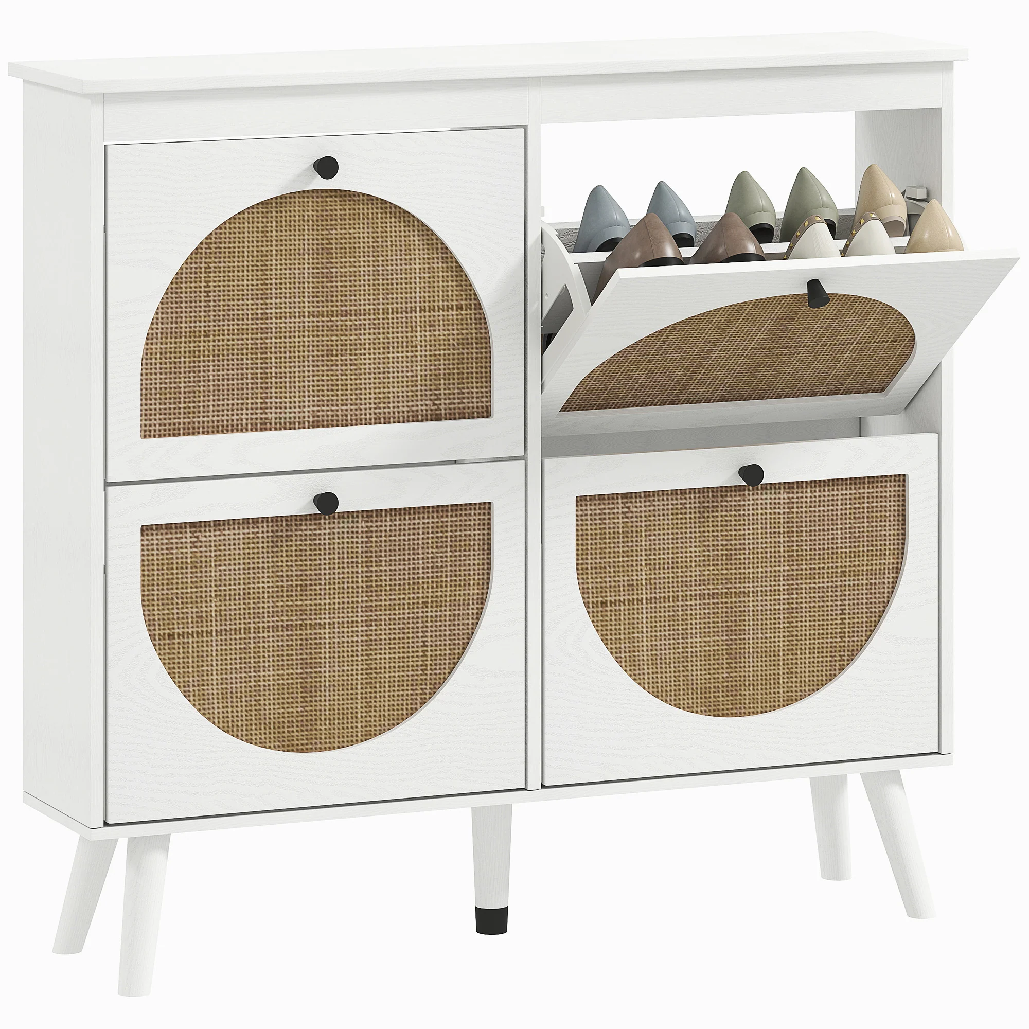 Meuble à chaussures armoire à chaussures 4 abattants 20 paires avec étagère réglable style bohème pieds en bois massif 105 x 24 x 97,5 cm blanc - Image 11