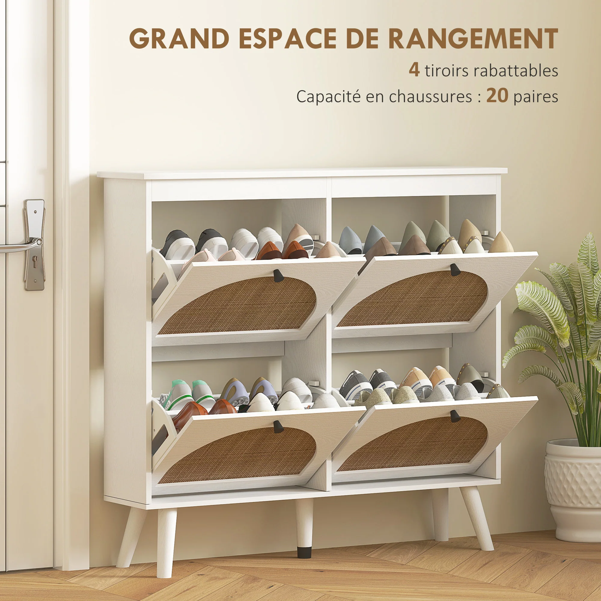 Meuble à chaussures armoire à chaussures 4 abattants 20 paires avec étagère réglable style bohème pieds en bois massif 105 x 24 x 97,5 cm blanc - Image 5