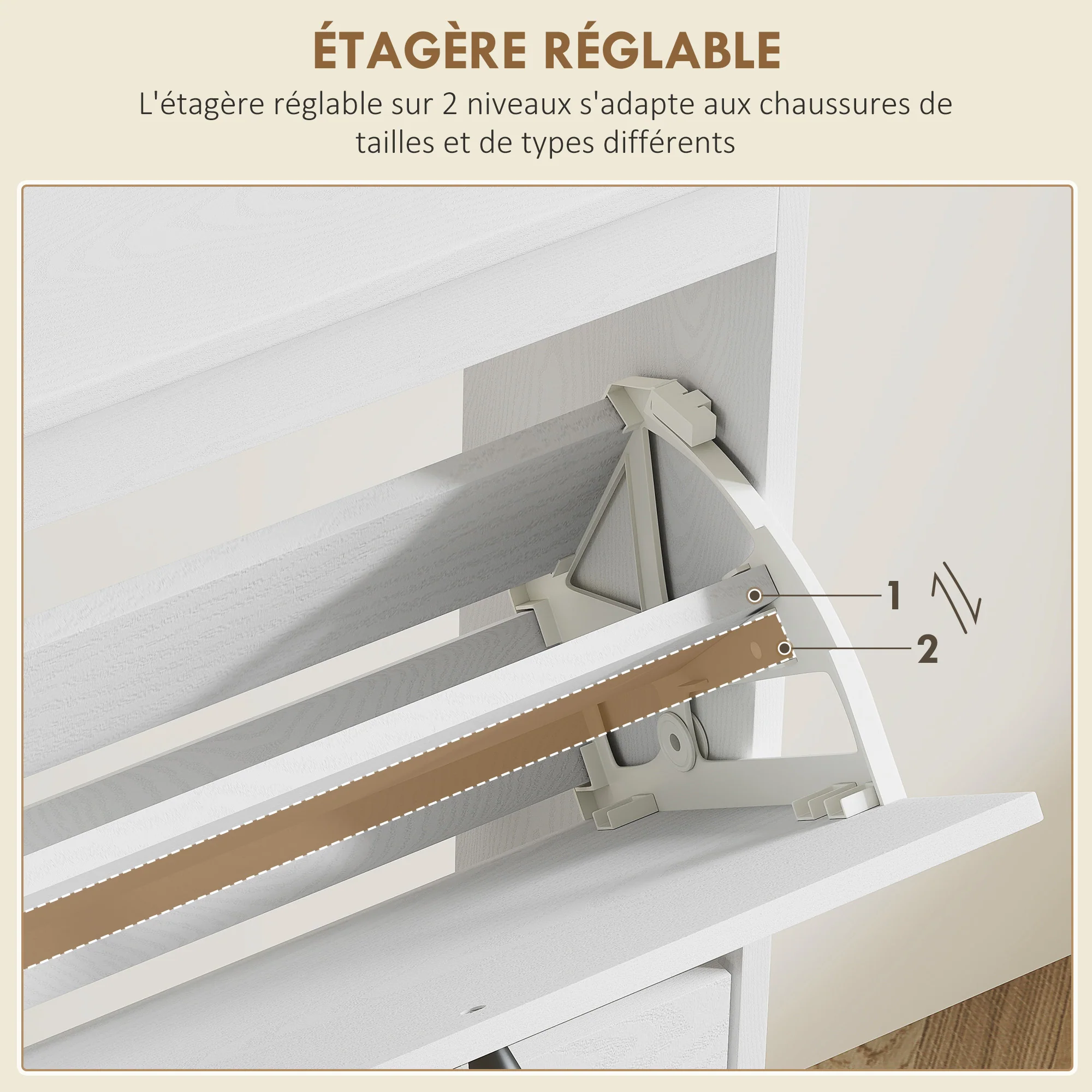 Meuble à chaussures armoire à chaussures 4 abattants 20 paires avec étagère réglable style bohème pieds en bois massif 105 x 24 x 97,5 cm blanc - Image 6