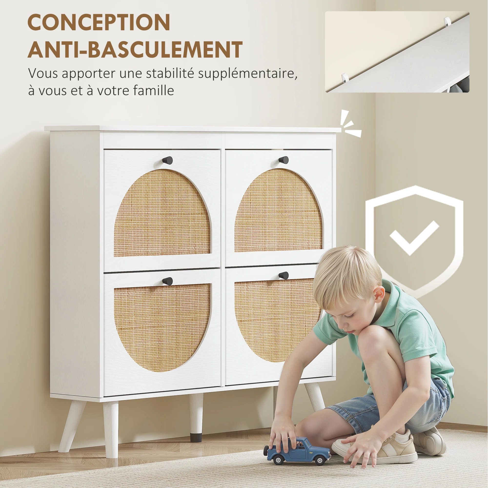 Meuble à chaussures armoire à chaussures 4 abattants 20 paires avec étagère réglable style bohème pieds en bois massif 105 x 24 x 97,5 cm blanc - Image 8