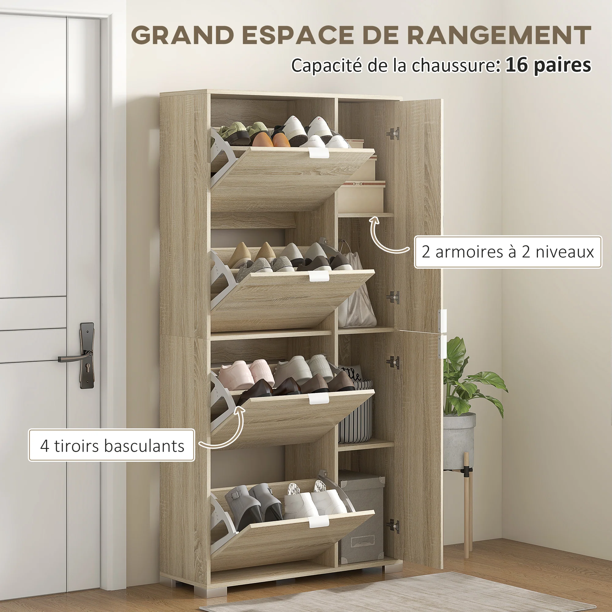 Meuble à chaussures armoire à chaussures avec 4 abattants, 2 placards et fa?ades miroir avec étagères réglables pour 16 paires de chaussures, meuble d'entrée - Image 6