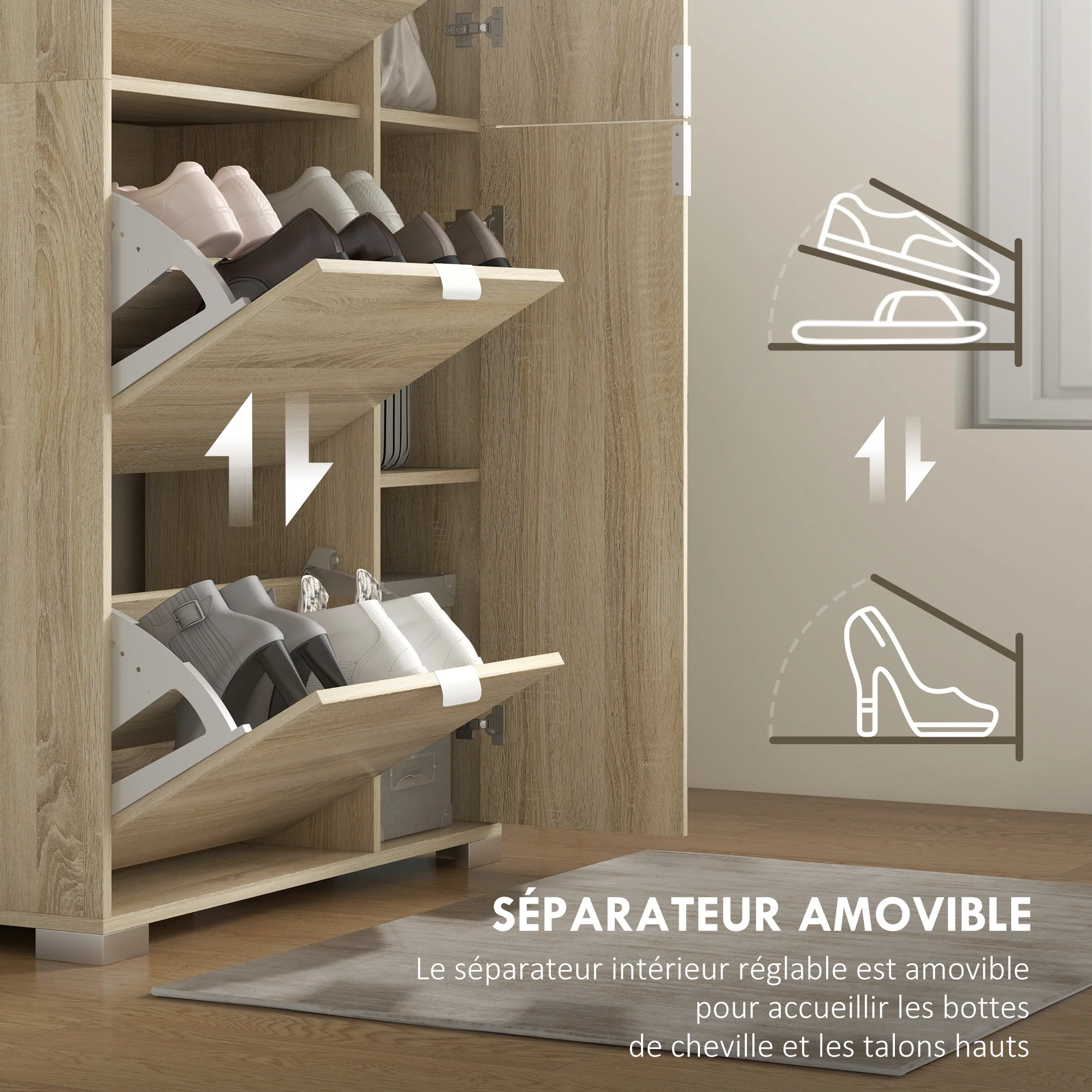 Meuble à chaussures armoire à chaussures avec 4 abattants, 2 placards et fa?ades miroir avec étagères réglables pour 16 paires de chaussures, meuble d'entrée - Image 8