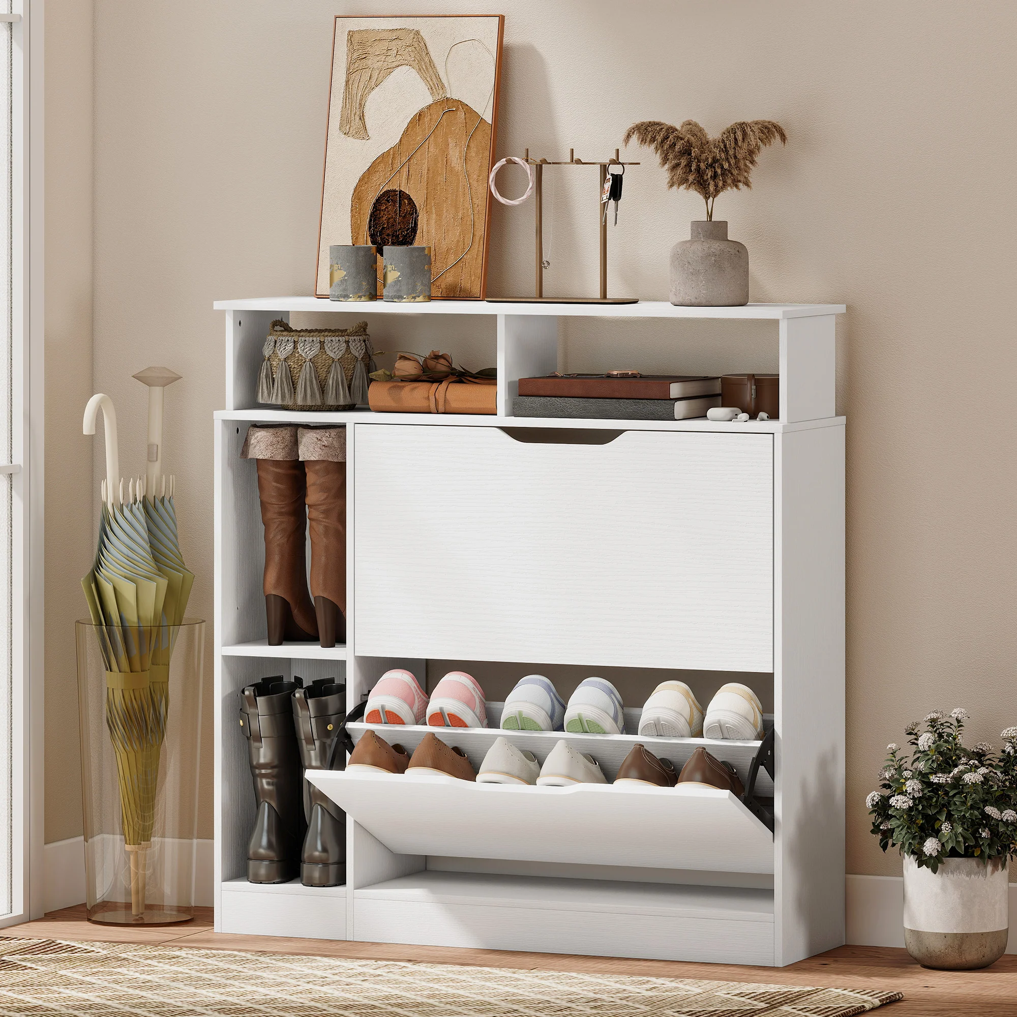 Meuble à Chaussures, Armoire à Chaussures Étroite avec 2 Tiroirs Rabattables, Compartiments Ouverts et Étagère Réglable, pour Couloir et Entrée, 89 x 25 x 92 cm, Blanc - Image 3