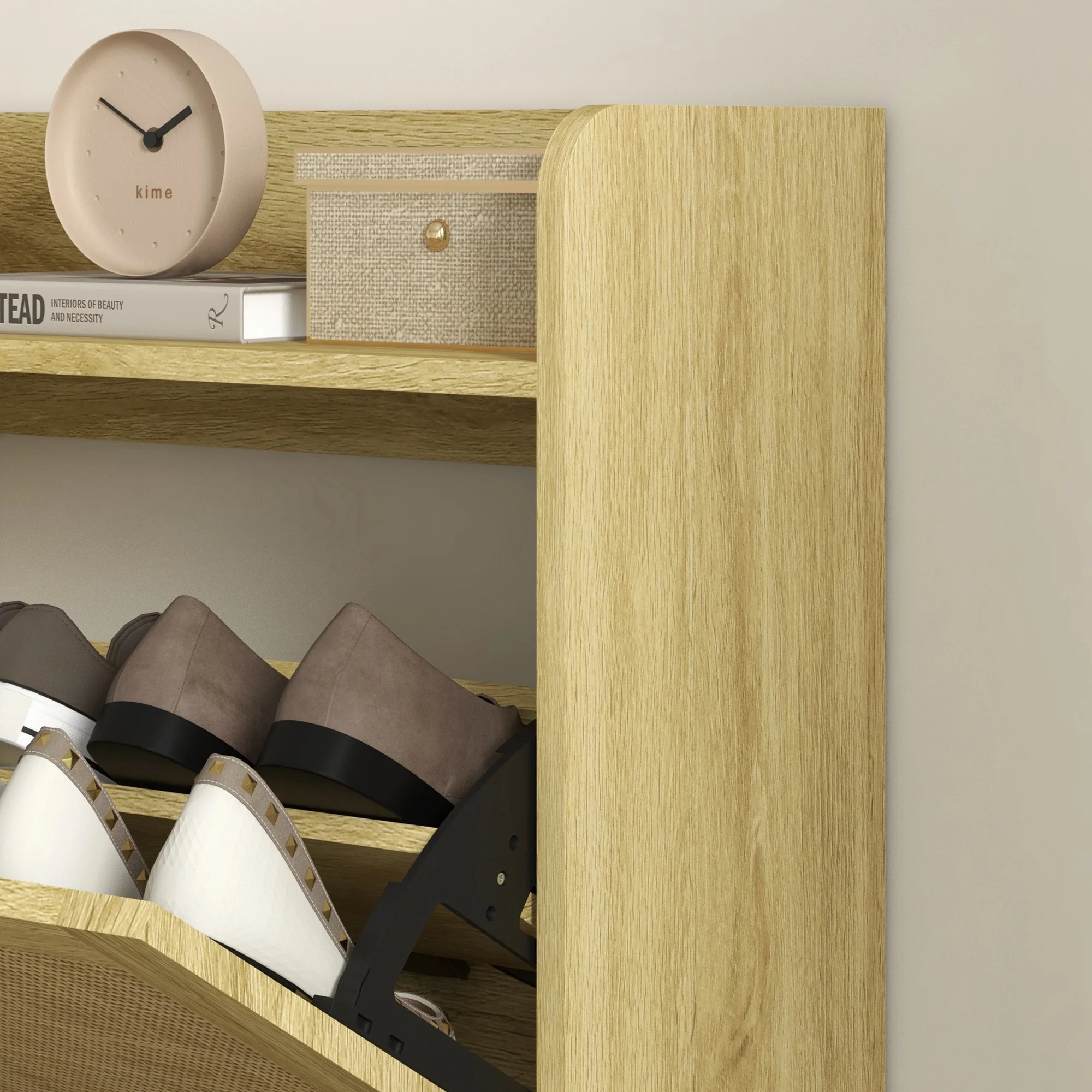 Meuble à chaussures étagère à chaussures armoire 2 portes abattants 12 paires, effet rotin tissé design bohème - dim. 80L x 24,5l x 110H cm naturel - Image 10