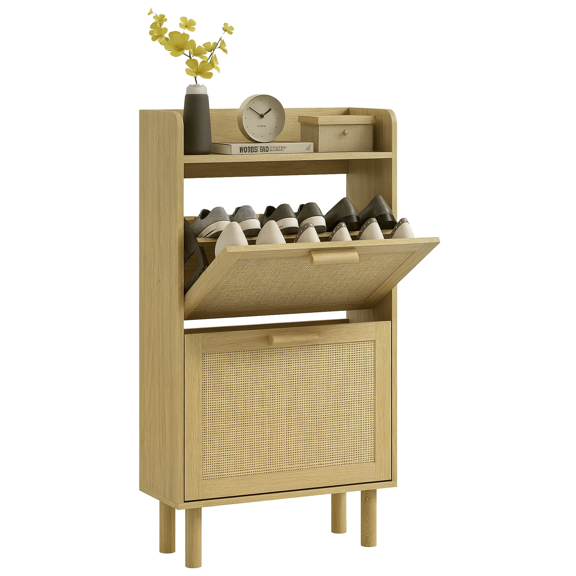 Meuble à chaussures étagère à chaussures armoire 2 portes abattants 12 paires, effet rotin tissé design bohème - dim. 80L x 24,5l x 110H cm naturel - Image 11