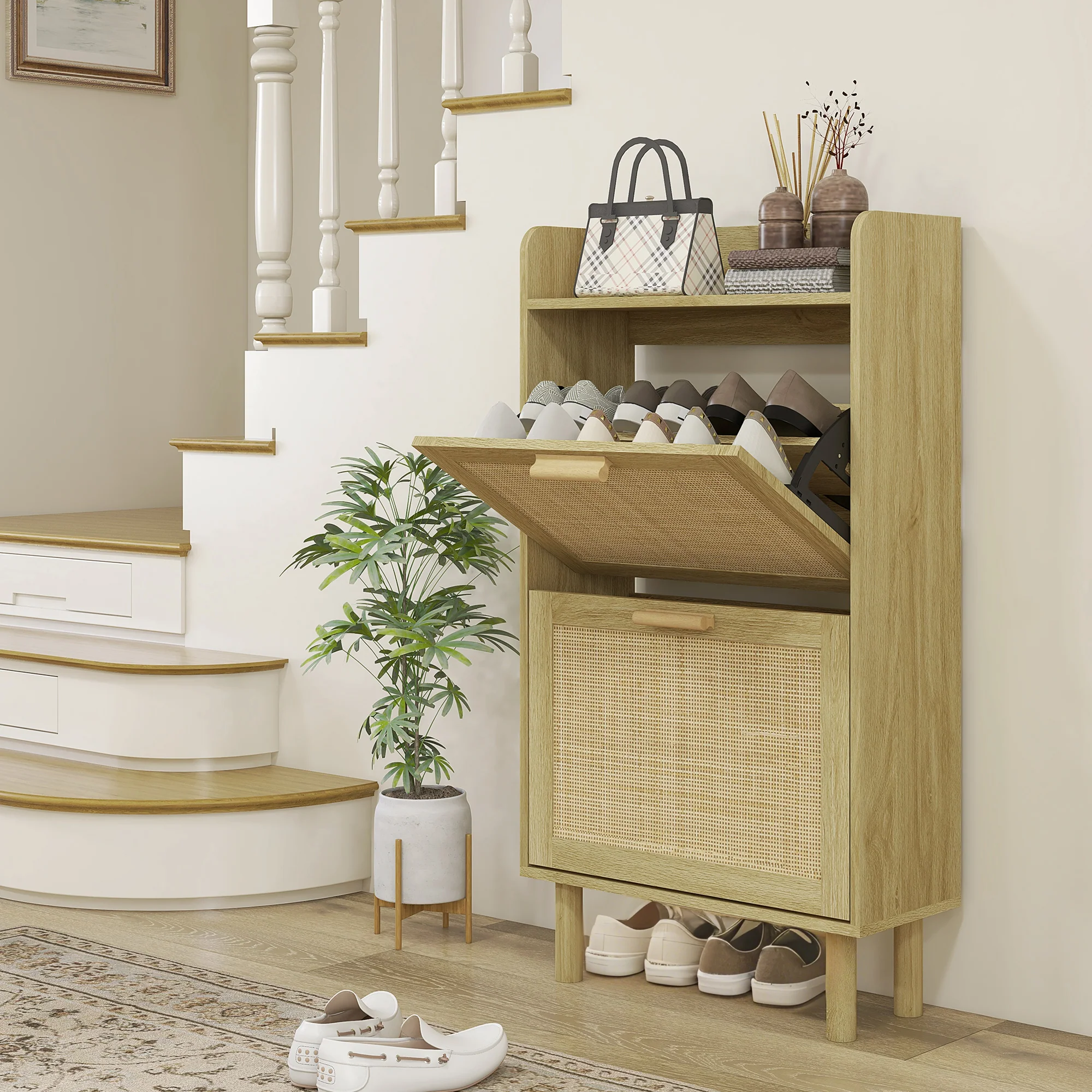Meuble à chaussures étagère à chaussures armoire 2 portes abattants 12 paires, effet rotin tissé design bohème - dim. 80L x 24,5l x 110H cm naturel - Image 3
