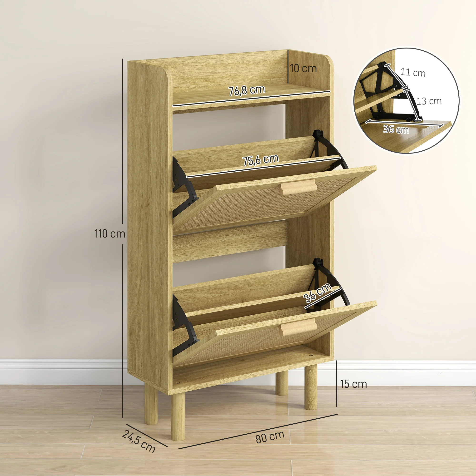 Meuble à chaussures étagère à chaussures armoire 2 portes abattants 12 paires, effet rotin tissé design bohème - dim. 80L x 24,5l x 110H cm naturel - Image 4