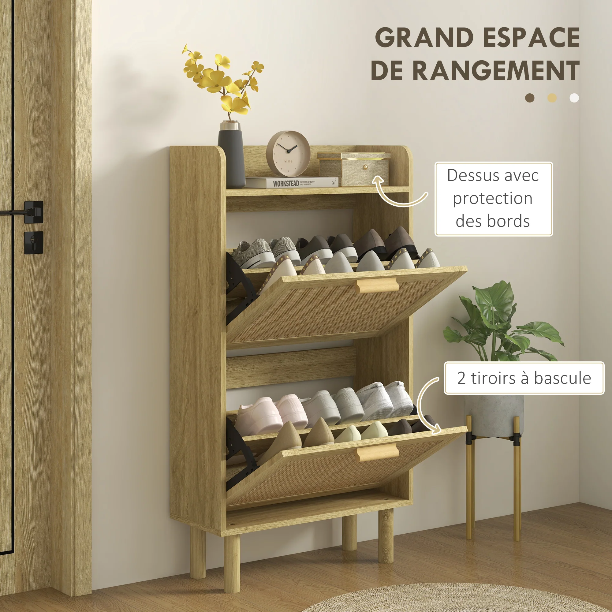 Meuble à chaussures étagère à chaussures armoire 2 portes abattants 12 paires, effet rotin tissé design bohème - dim. 80L x 24,5l x 110H cm naturel - Image 5