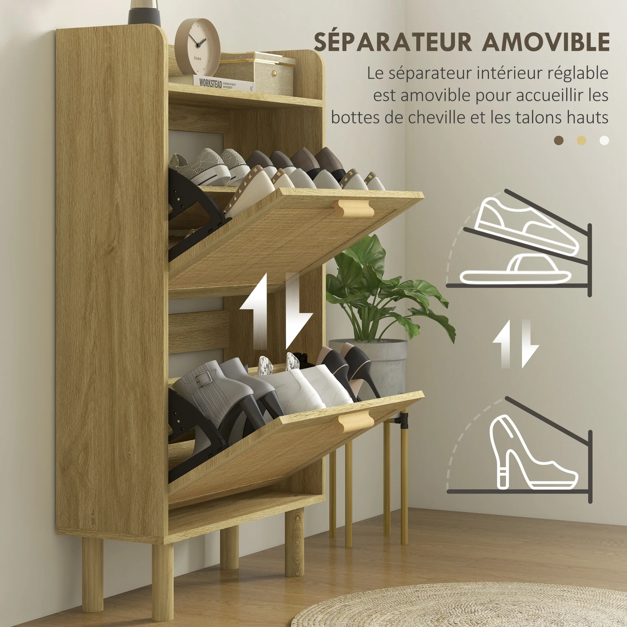 Meuble à chaussures étagère à chaussures armoire 2 portes abattants 12 paires, effet rotin tissé design bohème - dim. 80L x 24,5l x 110H cm naturel - Image 7
