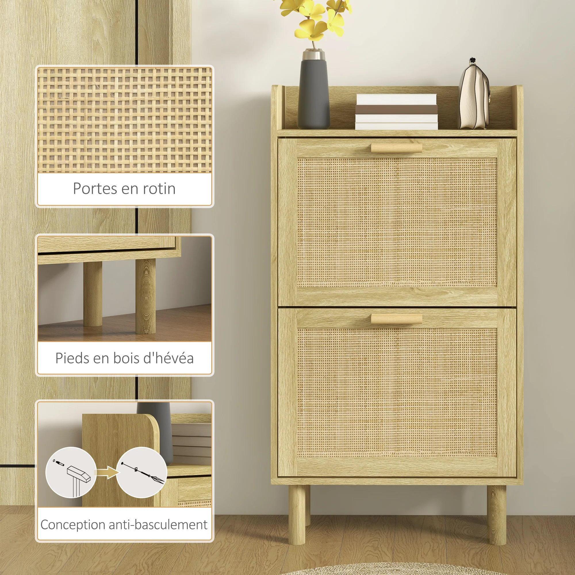 Meuble à chaussures étagère à chaussures armoire 2 portes abattants 12 paires, effet rotin tissé design bohème - dim. 80L x 24,5l x 110H cm naturel - Image 8