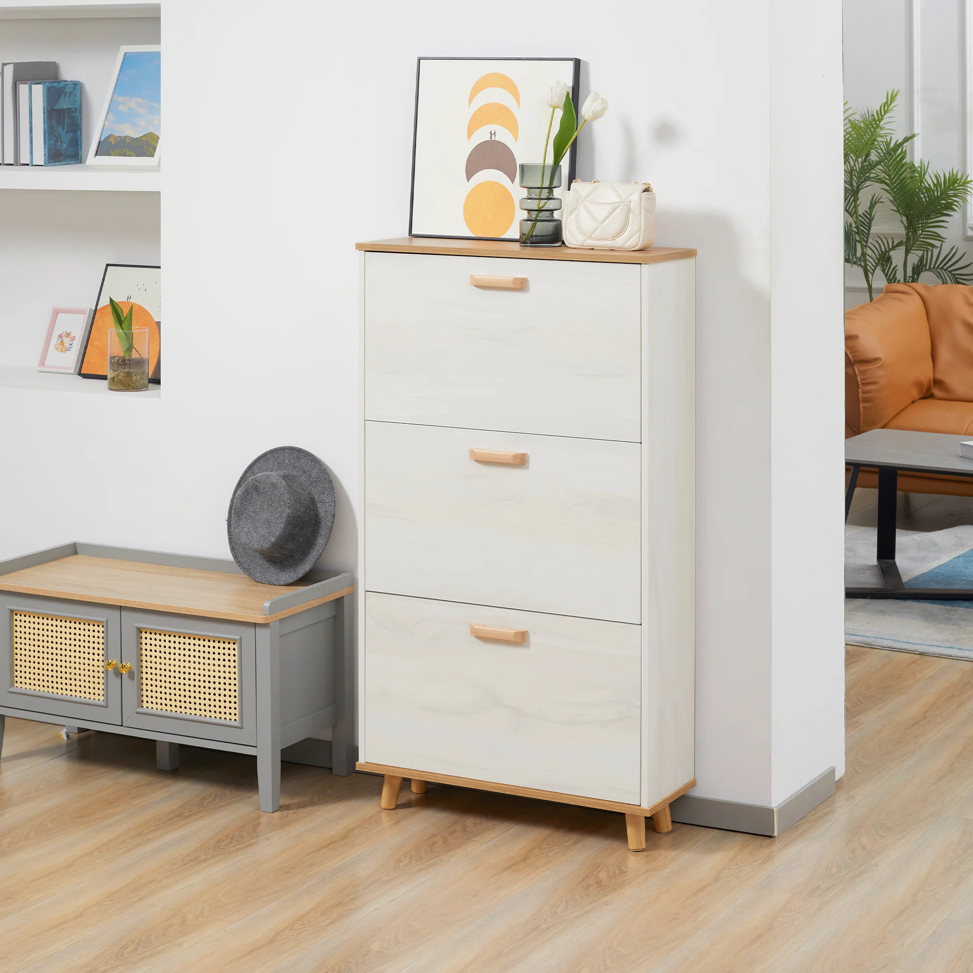 Meuble à chaussures étagère à chaussures style scandinave 3 abattants aspect bois - 70 x 23,5 x 122 cm - crème - Image 3