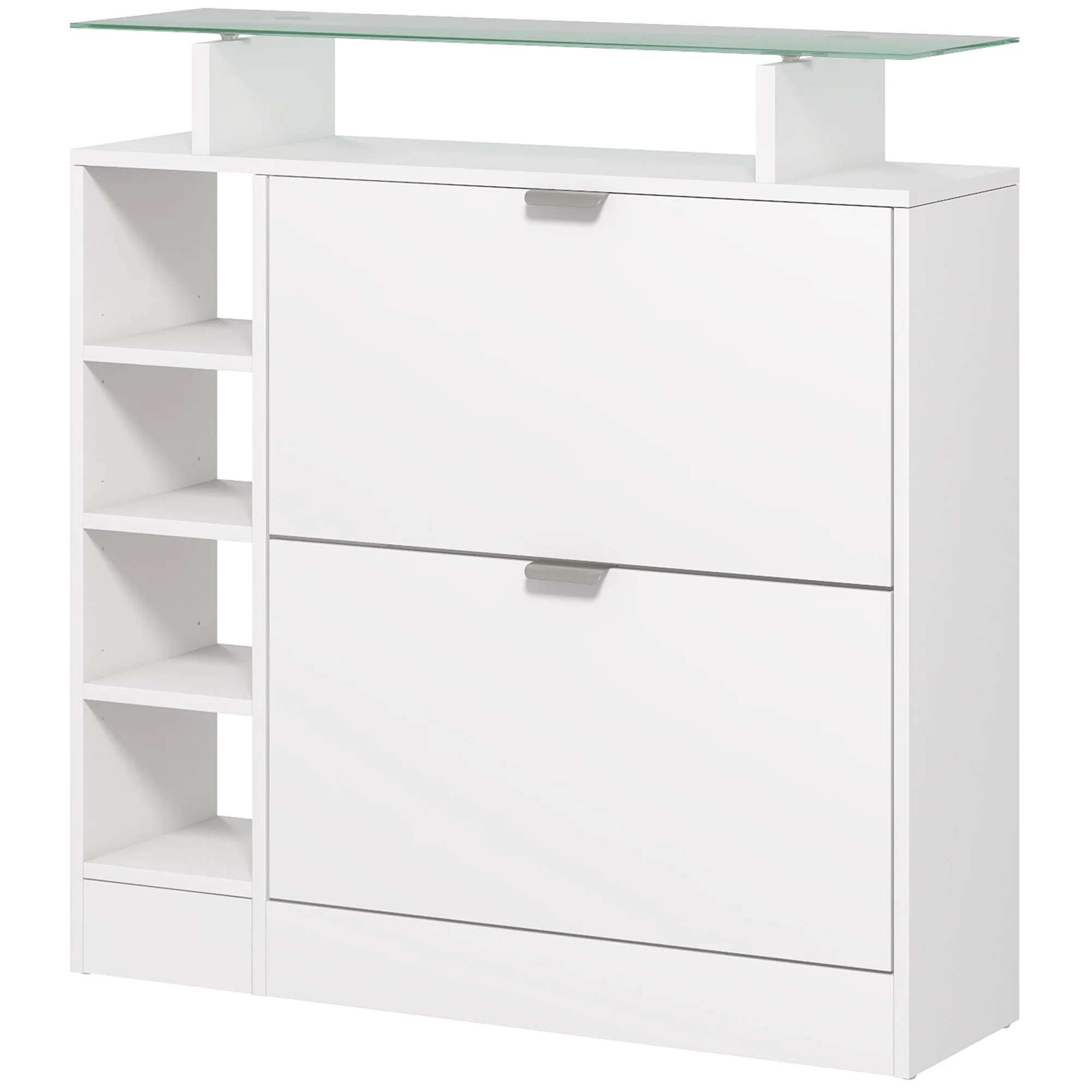 Meuble à chaussures moderne avec deux tiroirs rabattables pour 12 paires, armoire à chaussures avec plateau en verre et étagères réglables, 89 x 25 x 92 cm, blanc