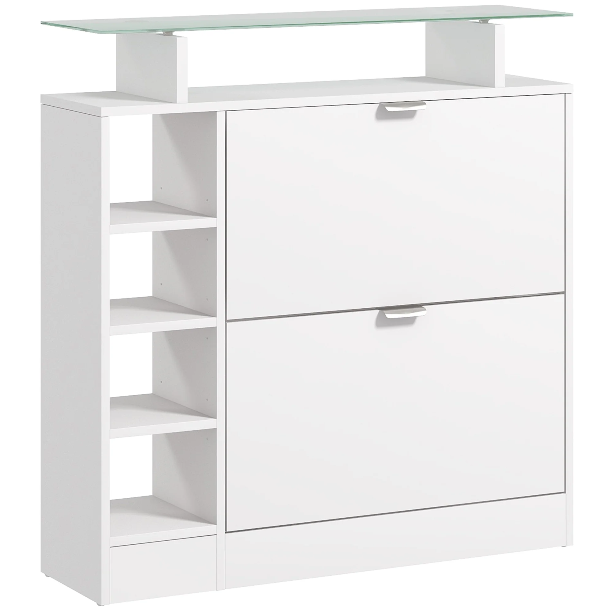 Meuble à chaussures moderne avec deux tiroirs rabattables pour 12 paires, armoire à chaussures avec plateau en verre et étagères réglables, 89 x 25 x 92 cm, blanc - Image 11