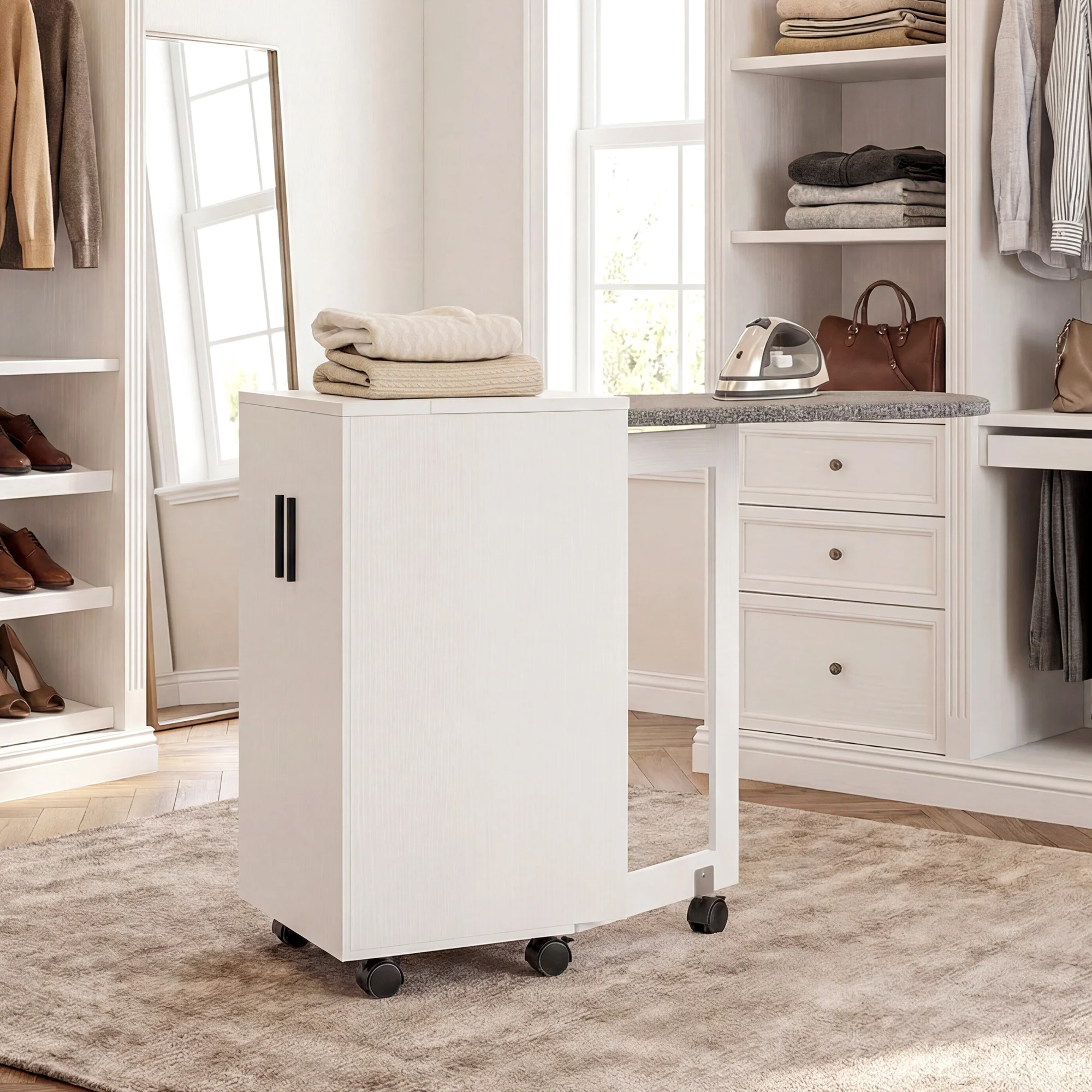 Meuble à repasser 2 en 1, table à repasser pliante sur roulettes avec étagère réglable et charnières à fermeture douce, meuble rangement pour petits espaces, buanderie, 128 x 43 x 83 cm, blanc - Image 10
