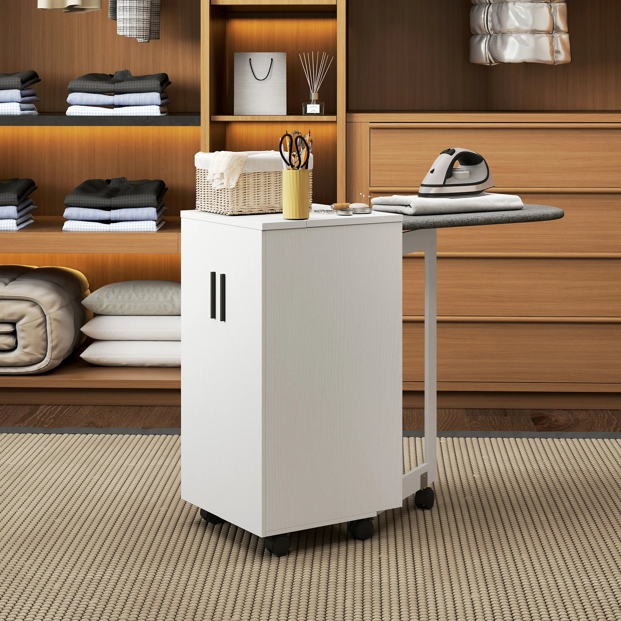Meuble à repasser 2 en 1, table à repasser pliante sur roulettes avec étagère réglable et charnières à fermeture douce, meuble rangement pour petits espaces, buanderie, 128 x 43 x 83 cm, blanc - Image 11