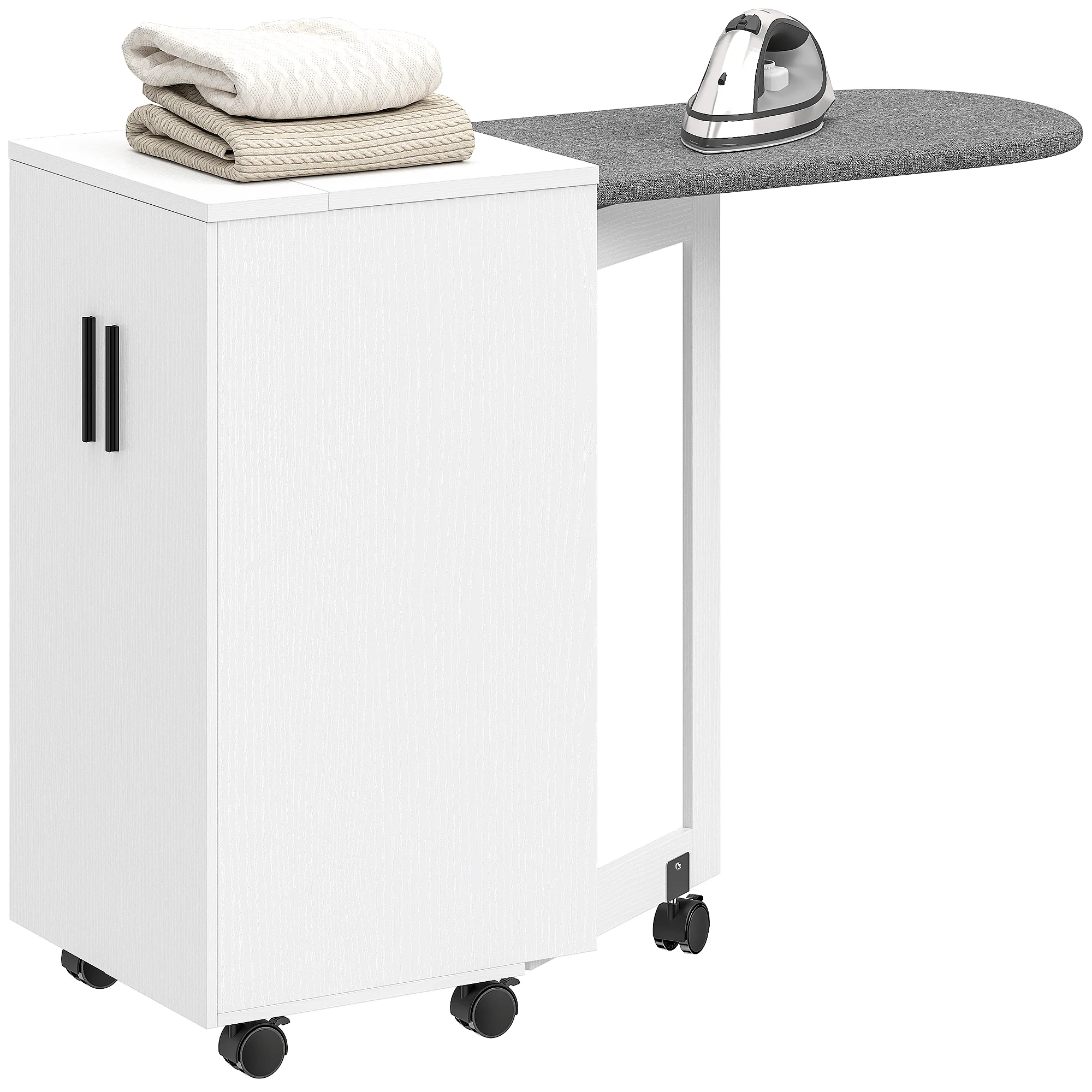 Meuble à repasser 2 en 1, table à repasser pliante sur roulettes avec étagère réglable et charnières à fermeture douce, meuble rangement pour petits espaces, buanderie, 128 x 43 x 83 cm, blanc - Image 12