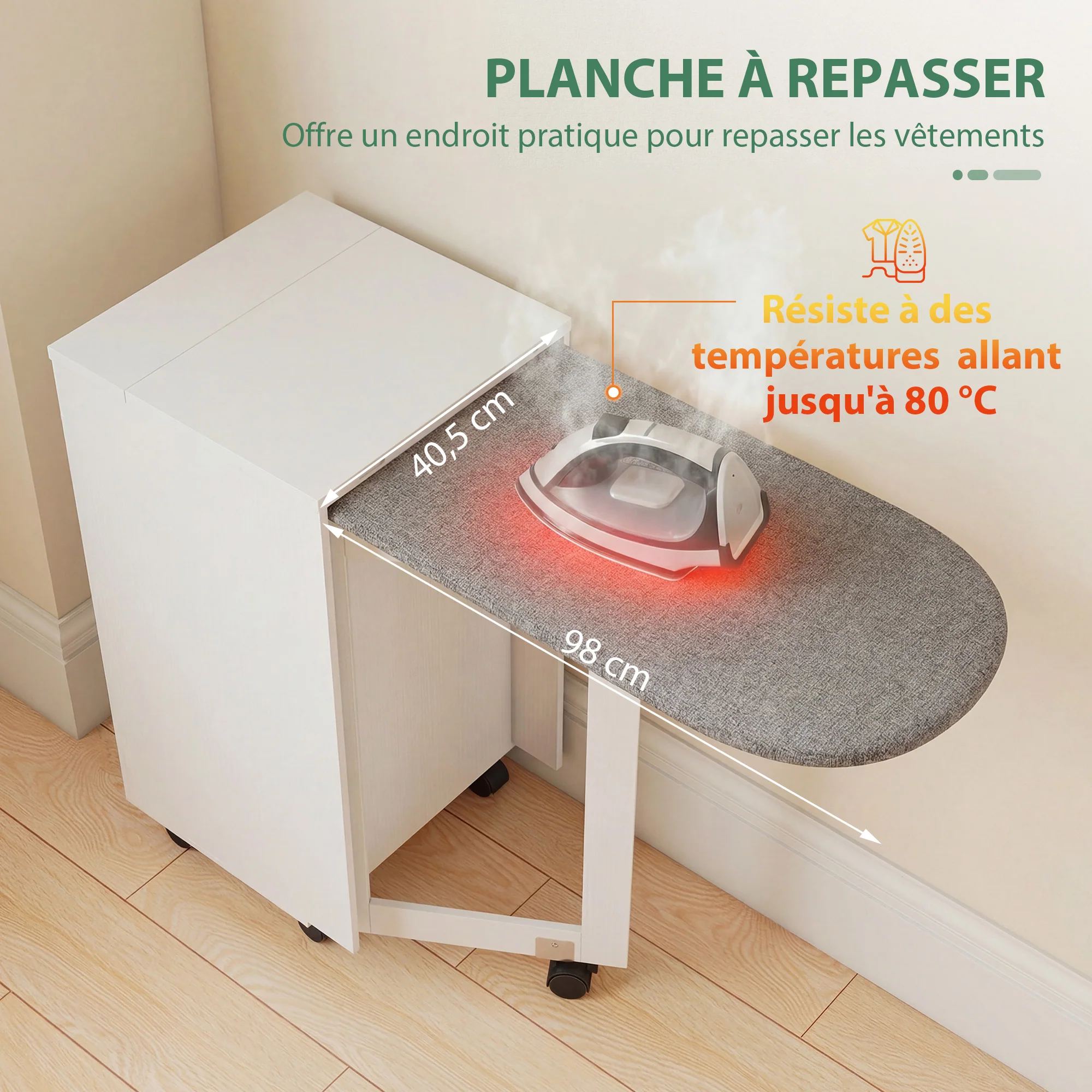 Meuble à repasser 2 en 1, table à repasser pliante sur roulettes avec étagère réglable et charnières à fermeture douce, meuble rangement pour petits espaces, buanderie, 128 x 43 x 83 cm, blanc - Image 6