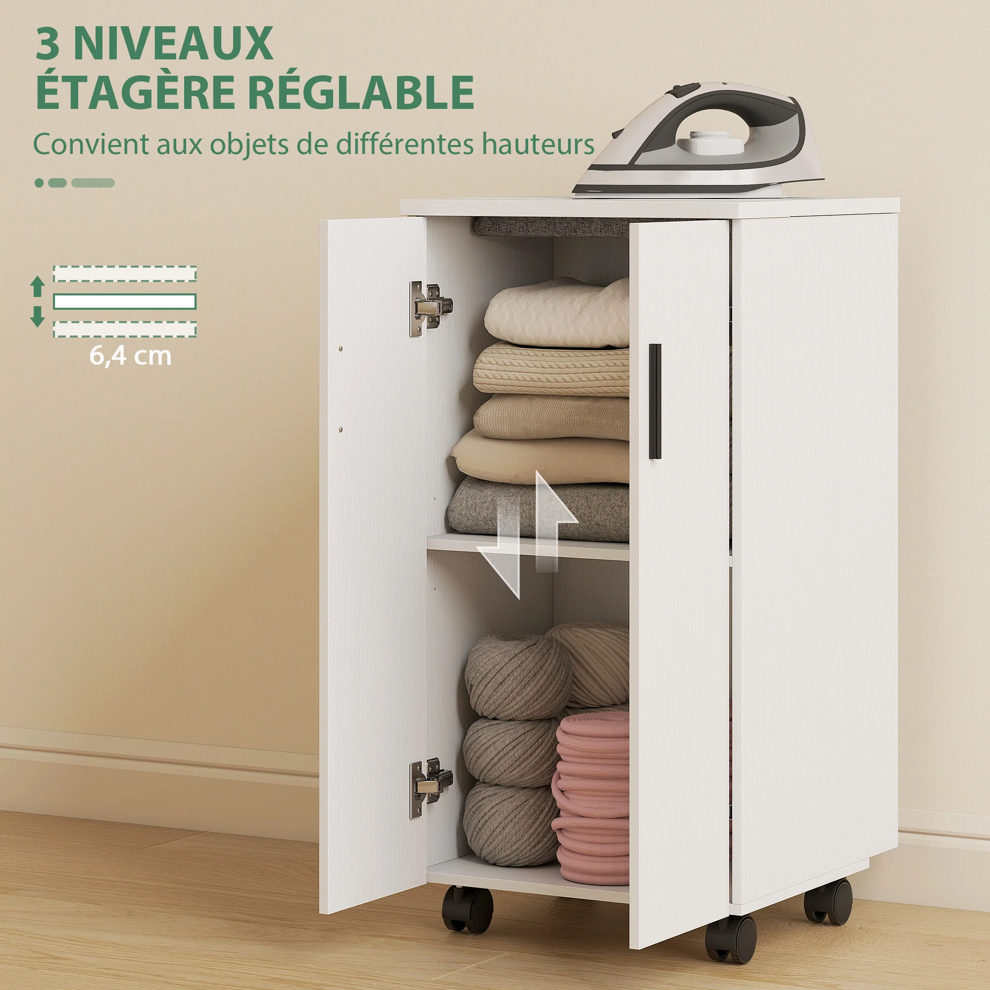 Meuble à repasser 2 en 1, table à repasser pliante sur roulettes avec étagère réglable et charnières à fermeture douce, meuble rangement pour petits espaces, buanderie, 128 x 43 x 83 cm, blanc - Image 7