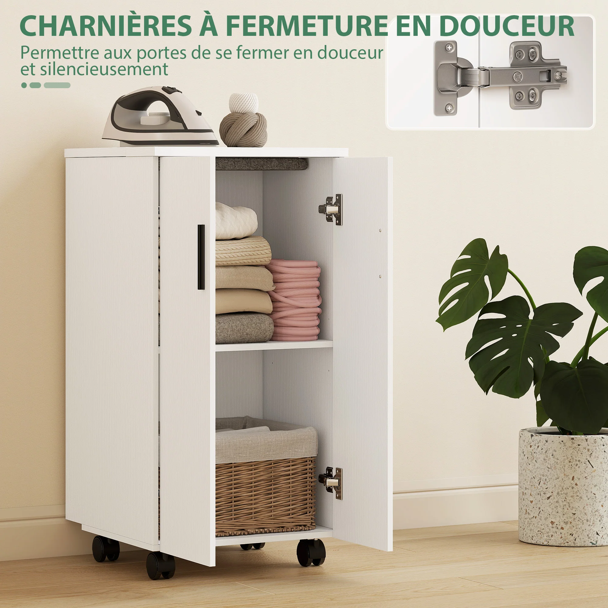 Meuble à repasser 2 en 1, table à repasser pliante sur roulettes avec étagère réglable et charnières à fermeture douce, meuble rangement pour petits espaces, buanderie, 128 x 43 x 83 cm, blanc - Image 9