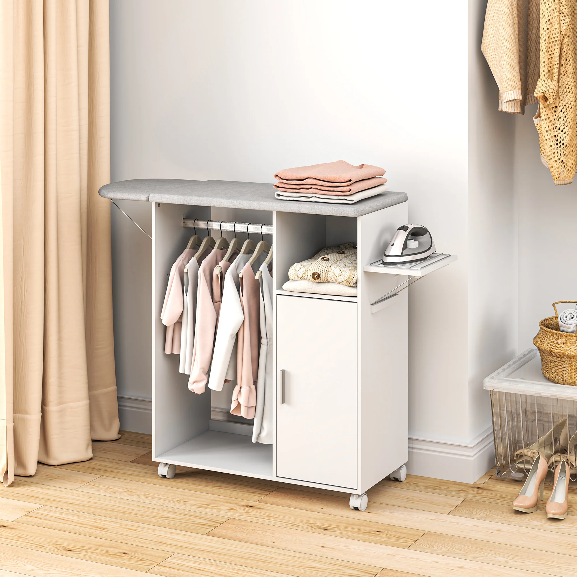 Meuble à repasser sur roulettes, table à repasser pliante, placard à porte, étagère réglable, barre de suspension, compartiment ouvert et support latéral, 127 x 42,5 x 99 cm, blanc - Image 3