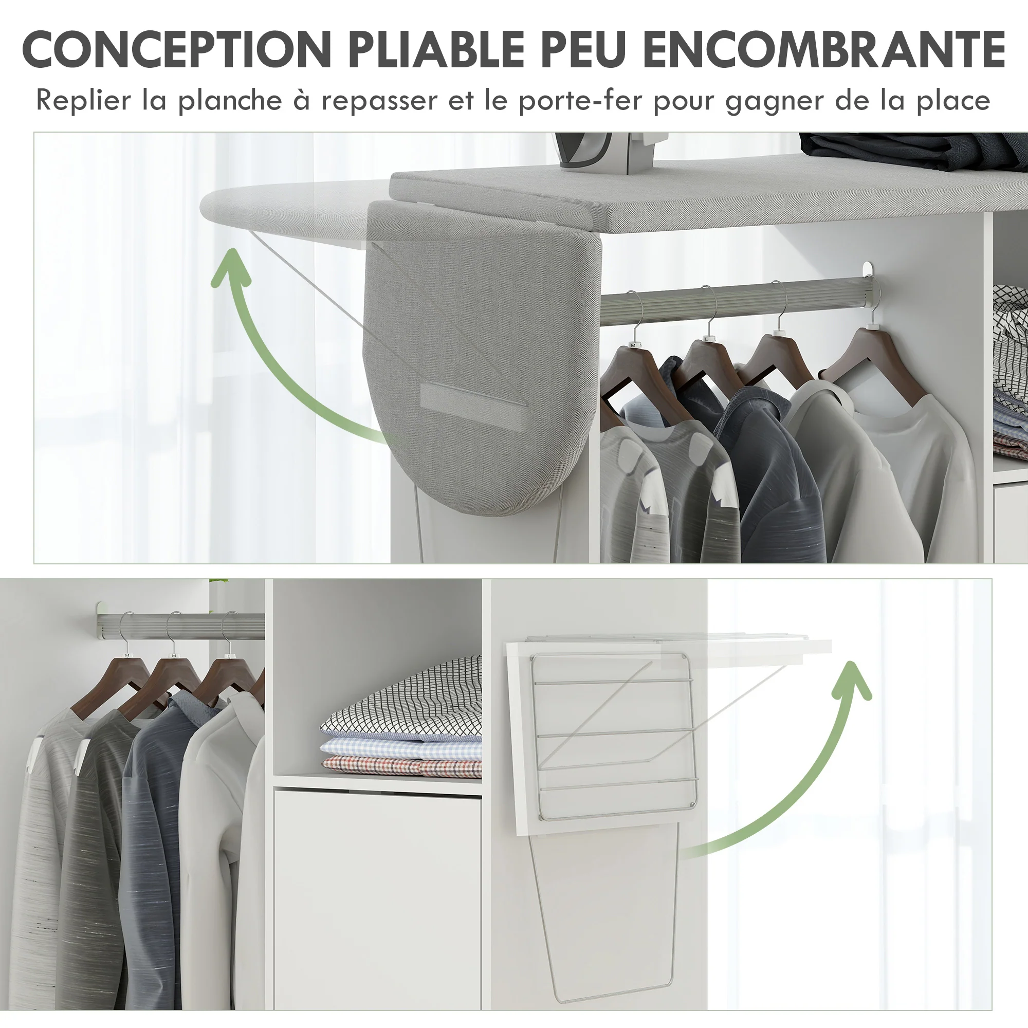 Meuble à repasser sur roulettes, table à repasser pliante, placard à porte, étagère réglable, barre de suspension, compartiment ouvert et support latéral, 127 x 42,5 x 99 cm, blanc - Image 6