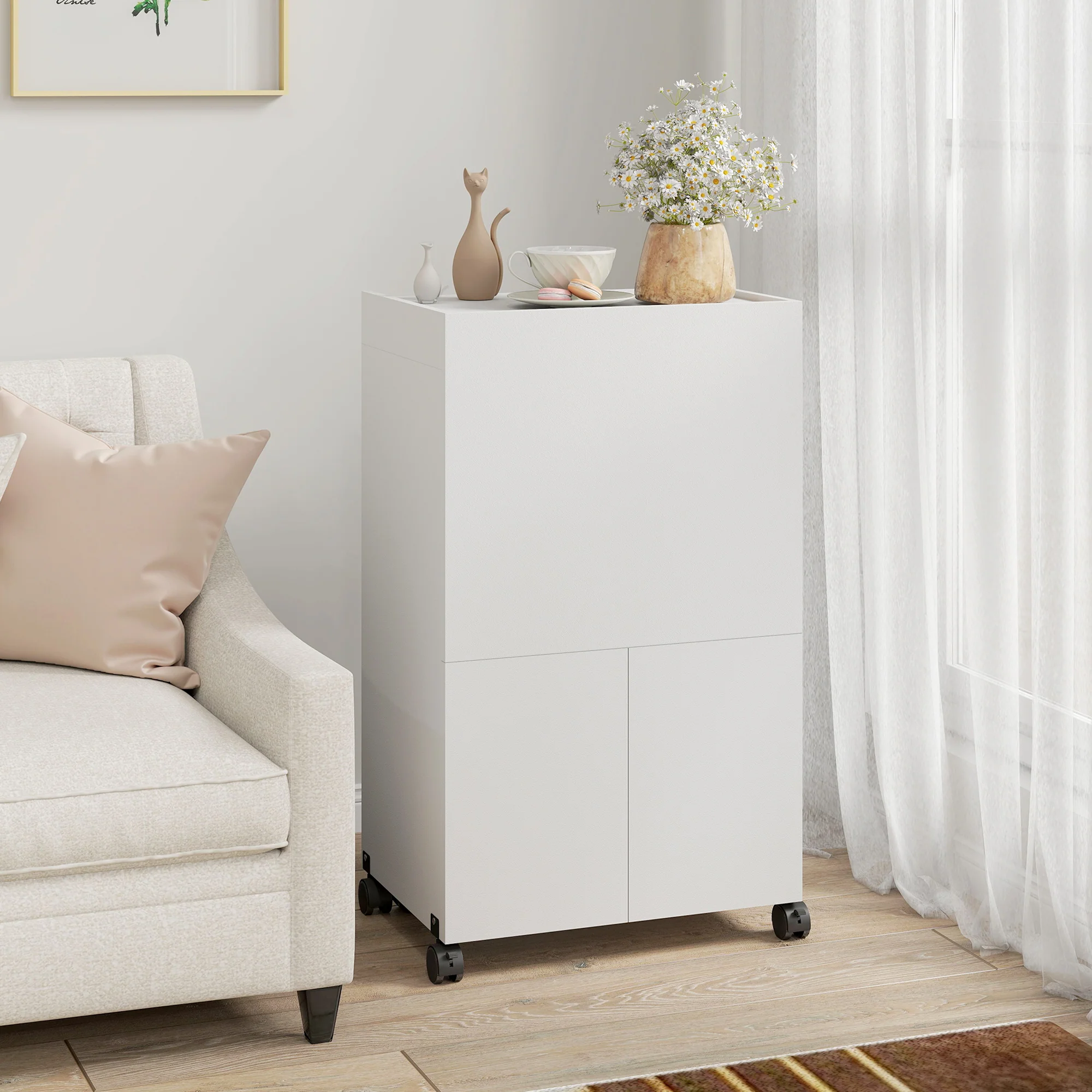 Meuble à repasser, table à repasser pliante sur roulettes avec repose-fer, portes par pression, charnières à fermeture douce, meuble rangement pour petits espaces, buanderie, 154x55x87cm, blanc - Image 10