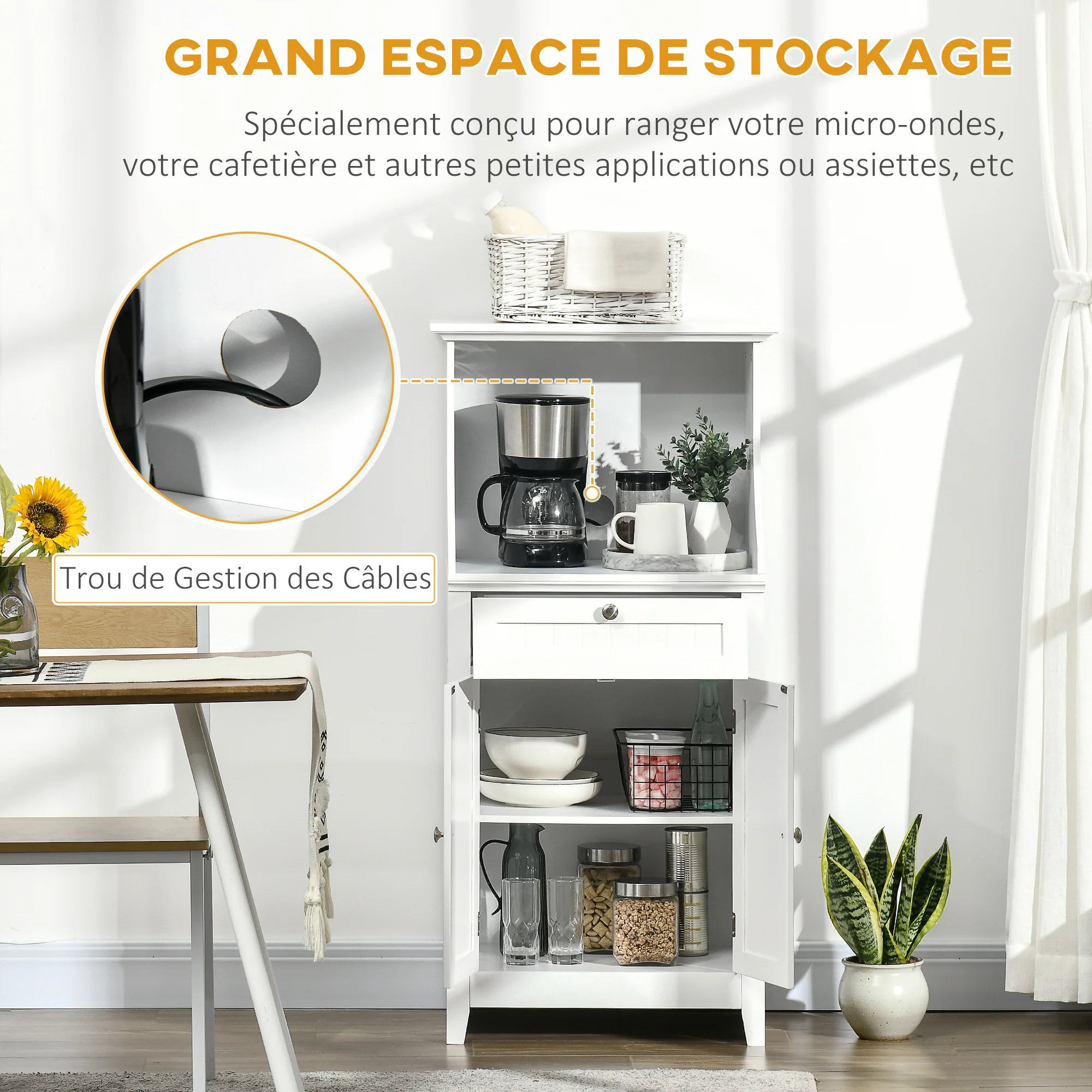 Meuble armoire micro-ondes pour cuisine avec 1 tiroir, 2 Portes 60 x 40 x 122,5 cm - MDF - Blanc - Image 5