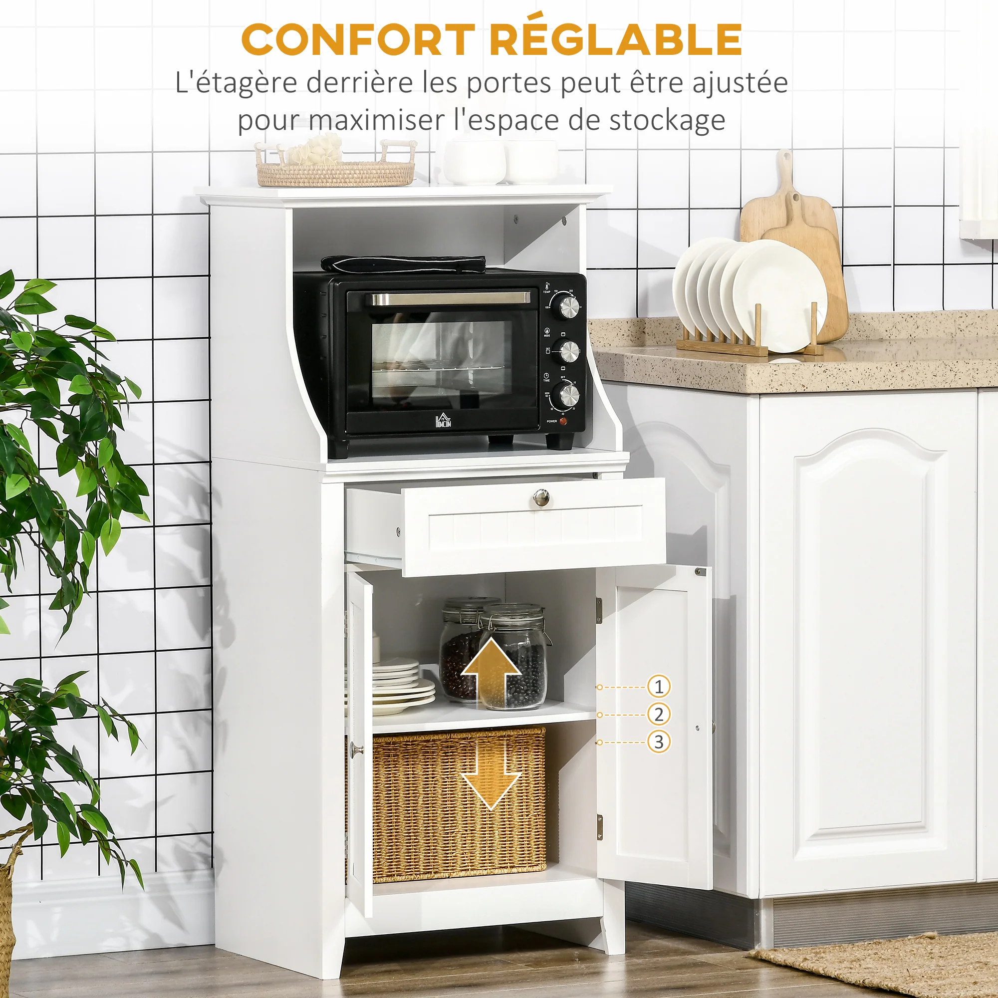 Meuble armoire micro-ondes pour cuisine avec 1 tiroir, 2 Portes 60 x 40 x 122,5 cm - MDF - Blanc - Image 6