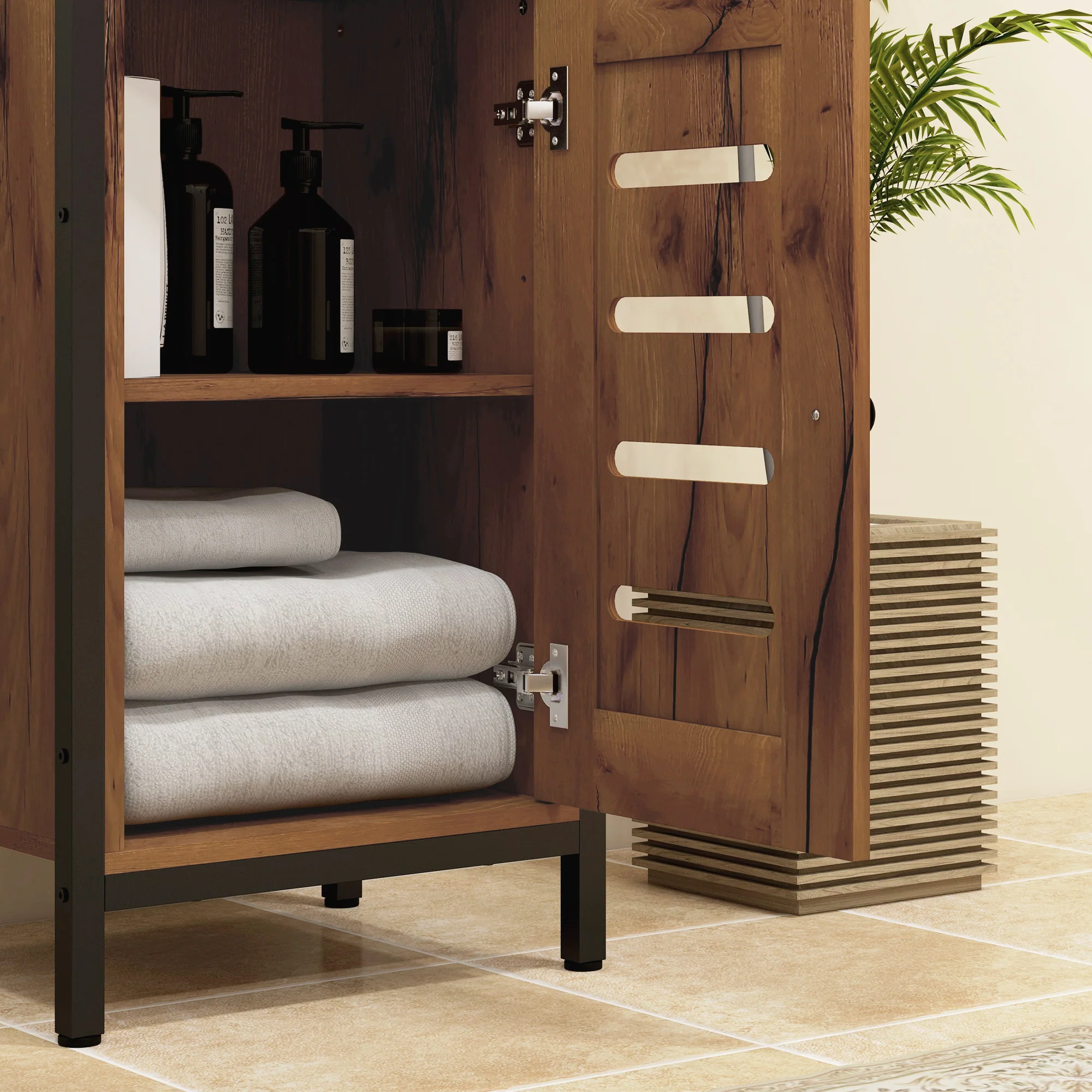 Meuble bas de salle de bain avec porte à lamelles, armoire de toilette avec structure en acier, meuble de rangement avec niche ouverte et étagère réglable, 37 x 30 x 85 cm, brun rustique - Image 10