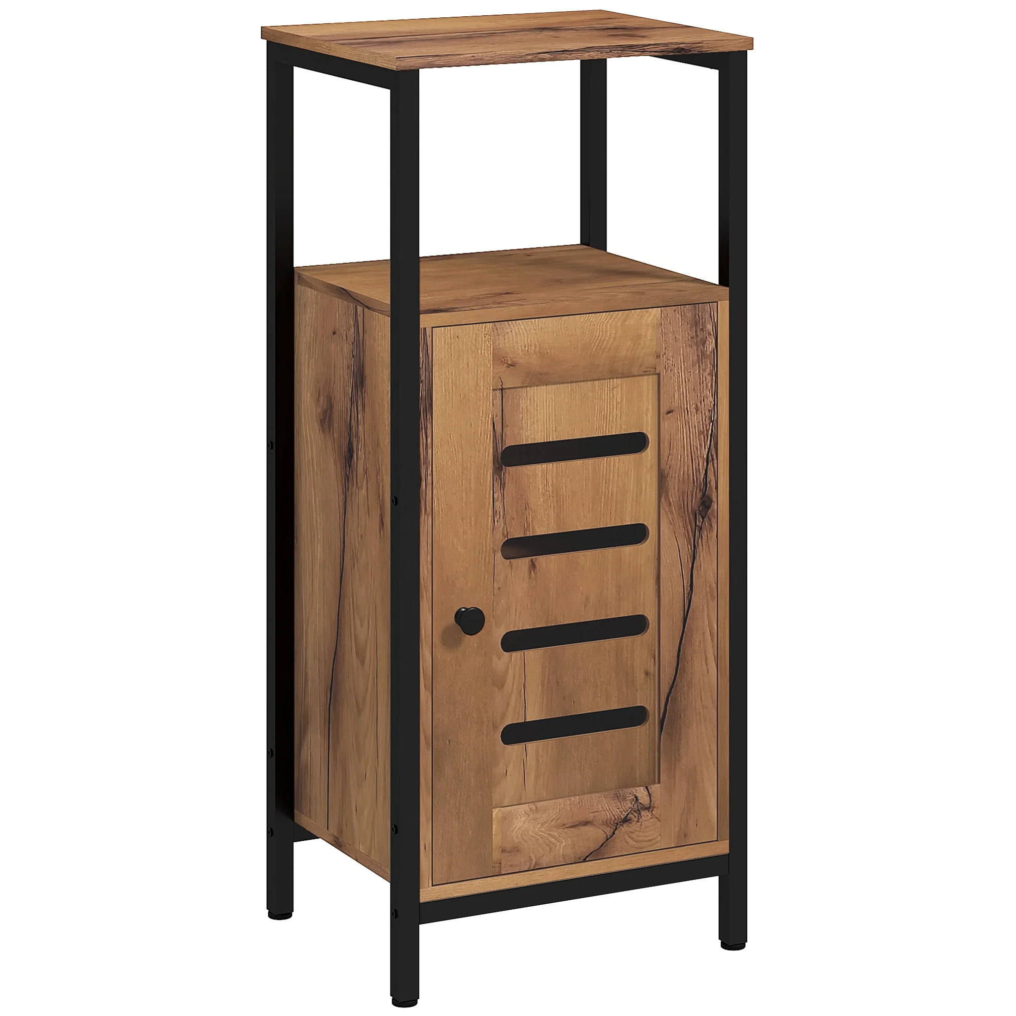 Meuble bas de salle de bain avec porte à lamelles, armoire de toilette avec structure en acier, meuble de rangement avec niche ouverte et étagère réglable, 37 x 30 x 85 cm, brun rustique - Image 11