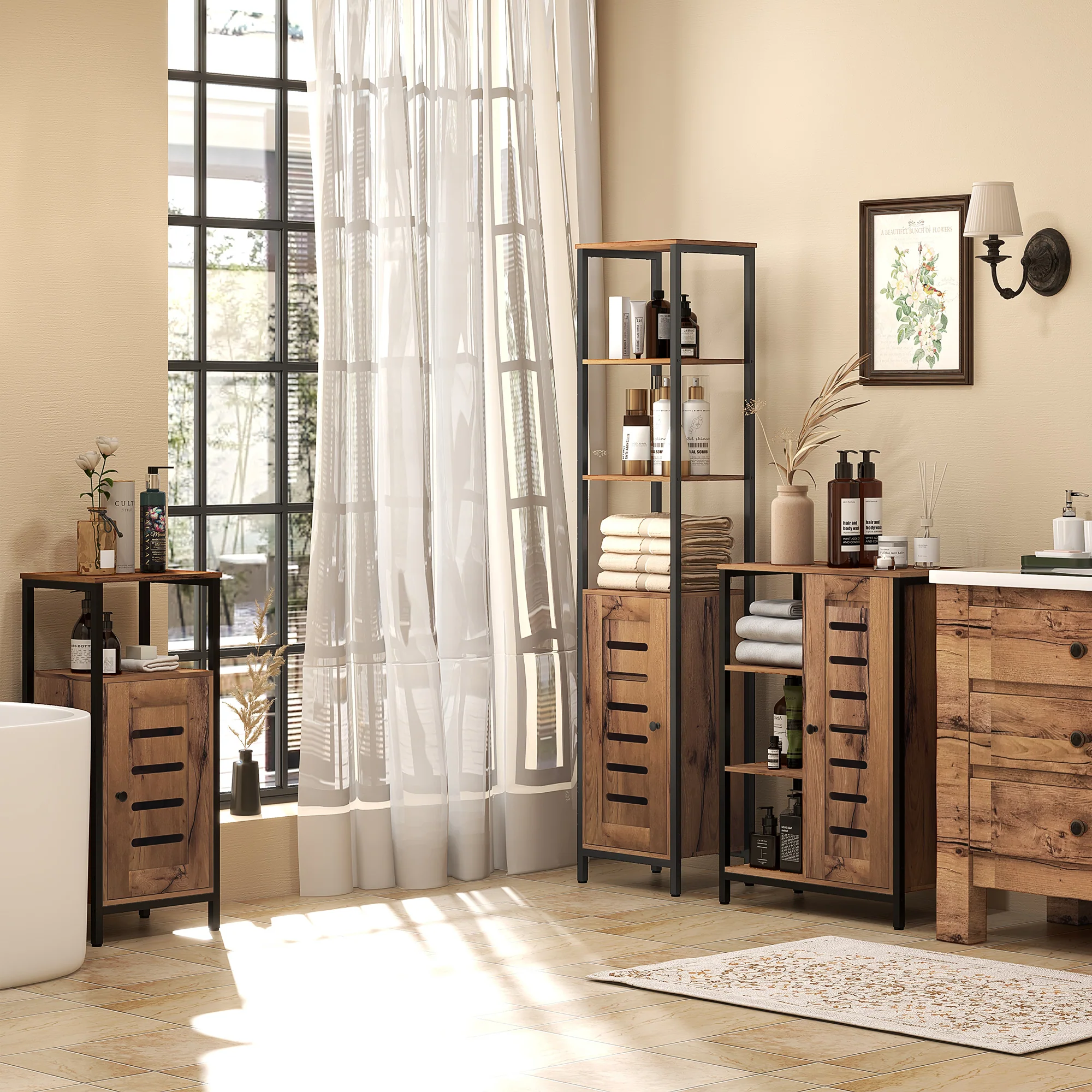 Meuble bas de salle de bain avec porte à lamelles, armoire de toilette avec structure en acier, meuble de rangement avec niche ouverte et étagère réglable, 37 x 30 x 85 cm, brun rustique - Image 3