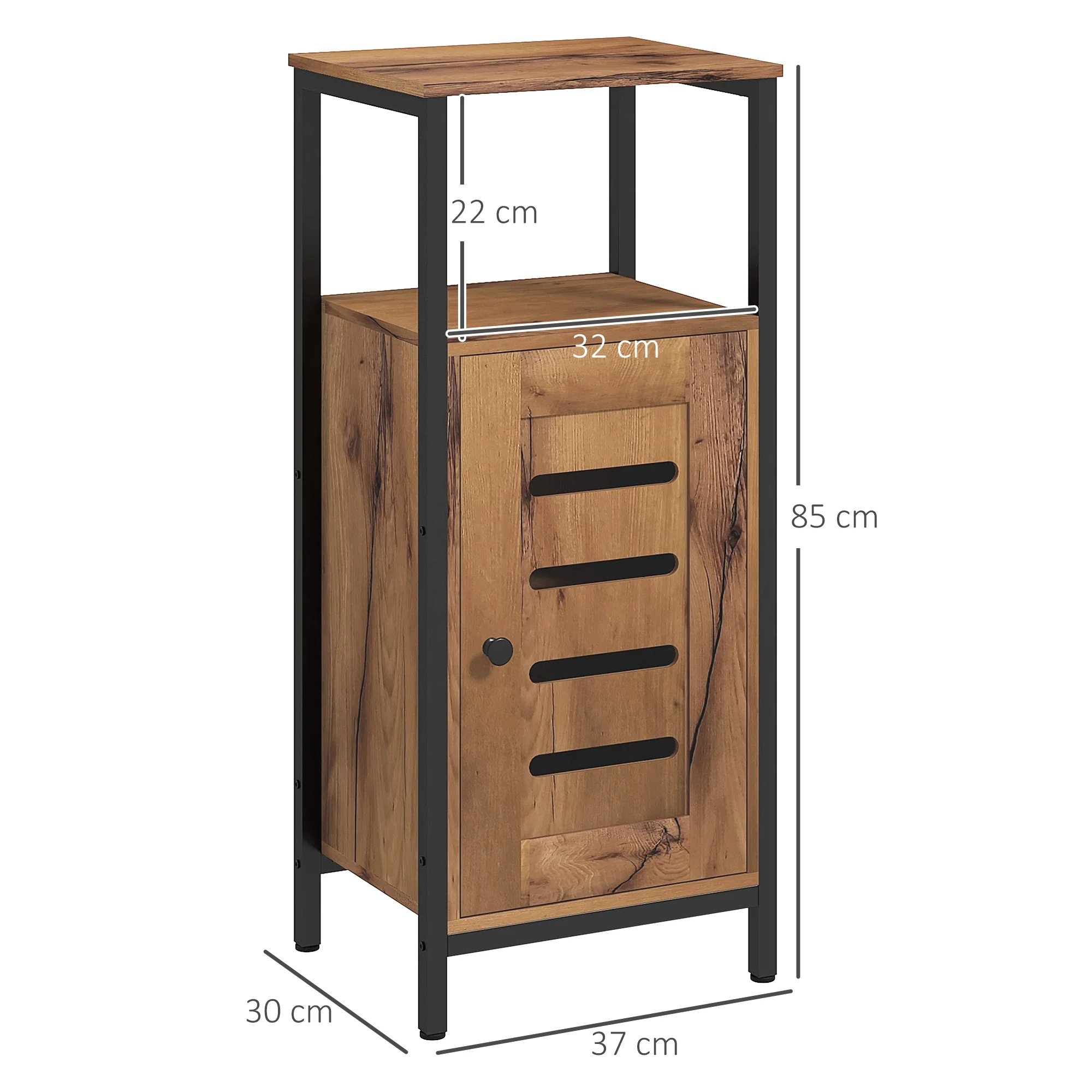 Meuble bas de salle de bain avec porte à lamelles, armoire de toilette avec structure en acier, meuble de rangement avec niche ouverte et étagère réglable, 37 x 30 x 85 cm, brun rustique - Image 4